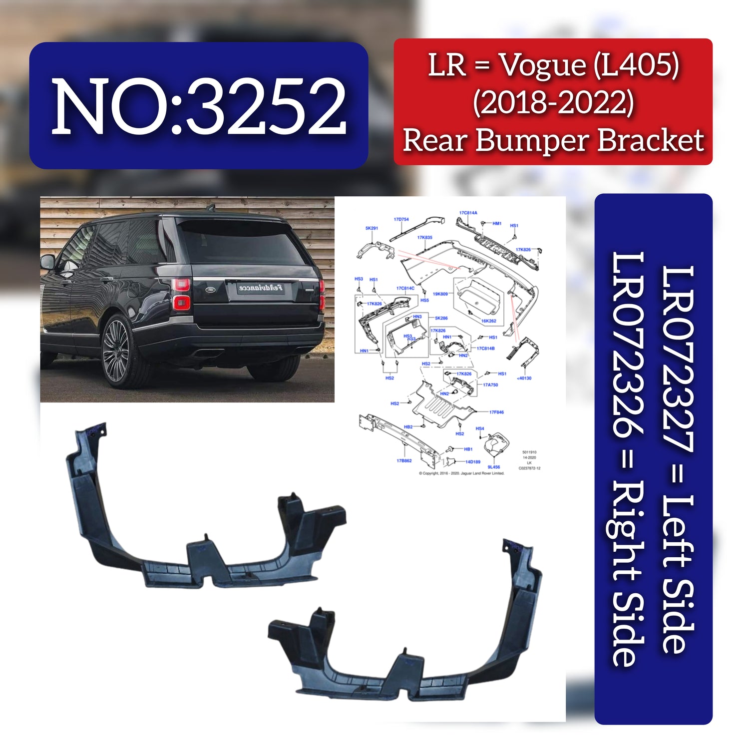 Rear Bumper Bracket Right LR072326 & Left LR072327 Compatible With Land Rover Range Rover Vogue - L405 (2018-2022) Tag No.3252