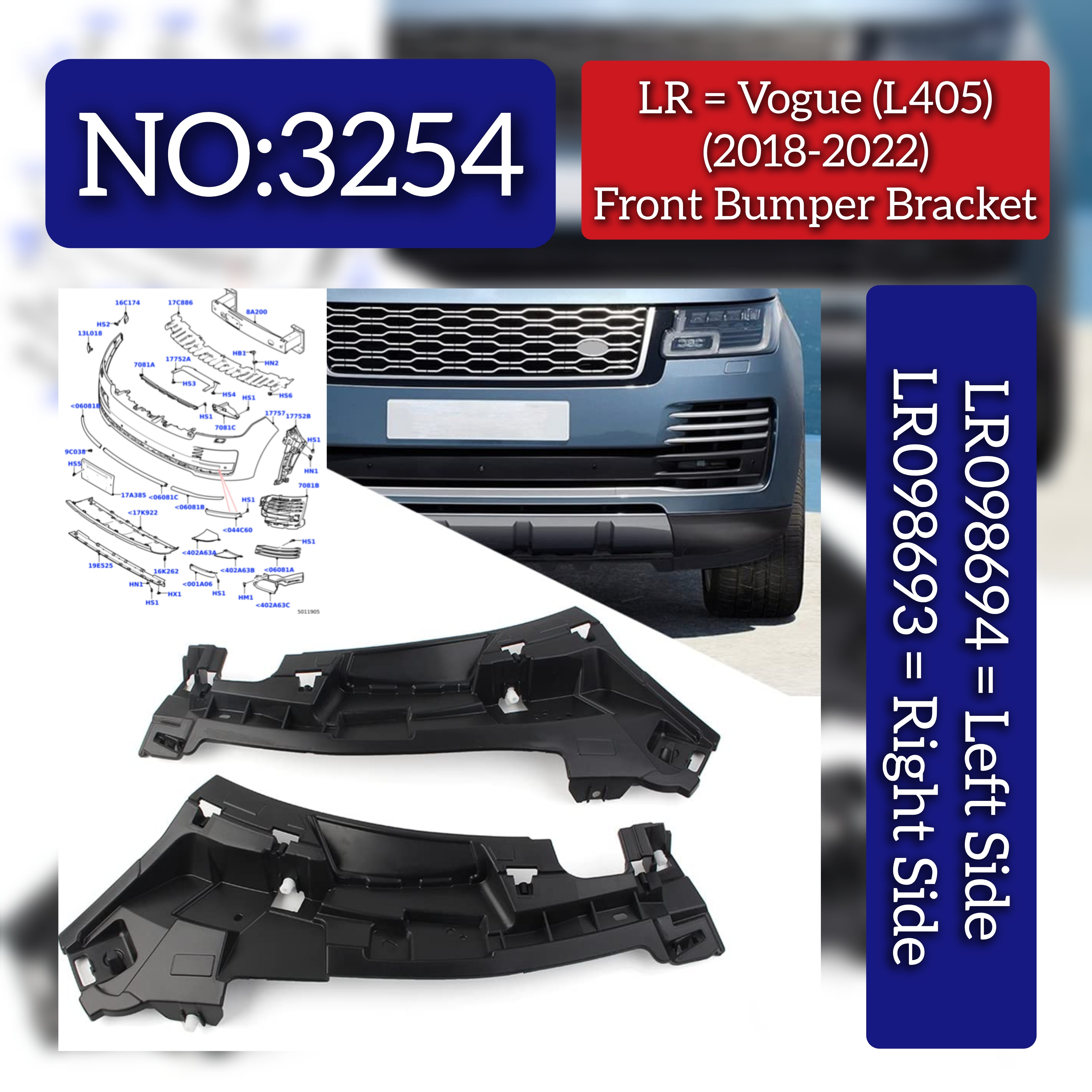 Front Bumper Bracket Right LR098693 & Left LR098694 Compatible With Land Rover Range Rover Vogue - L405 (2018-2022) Tag No.3254