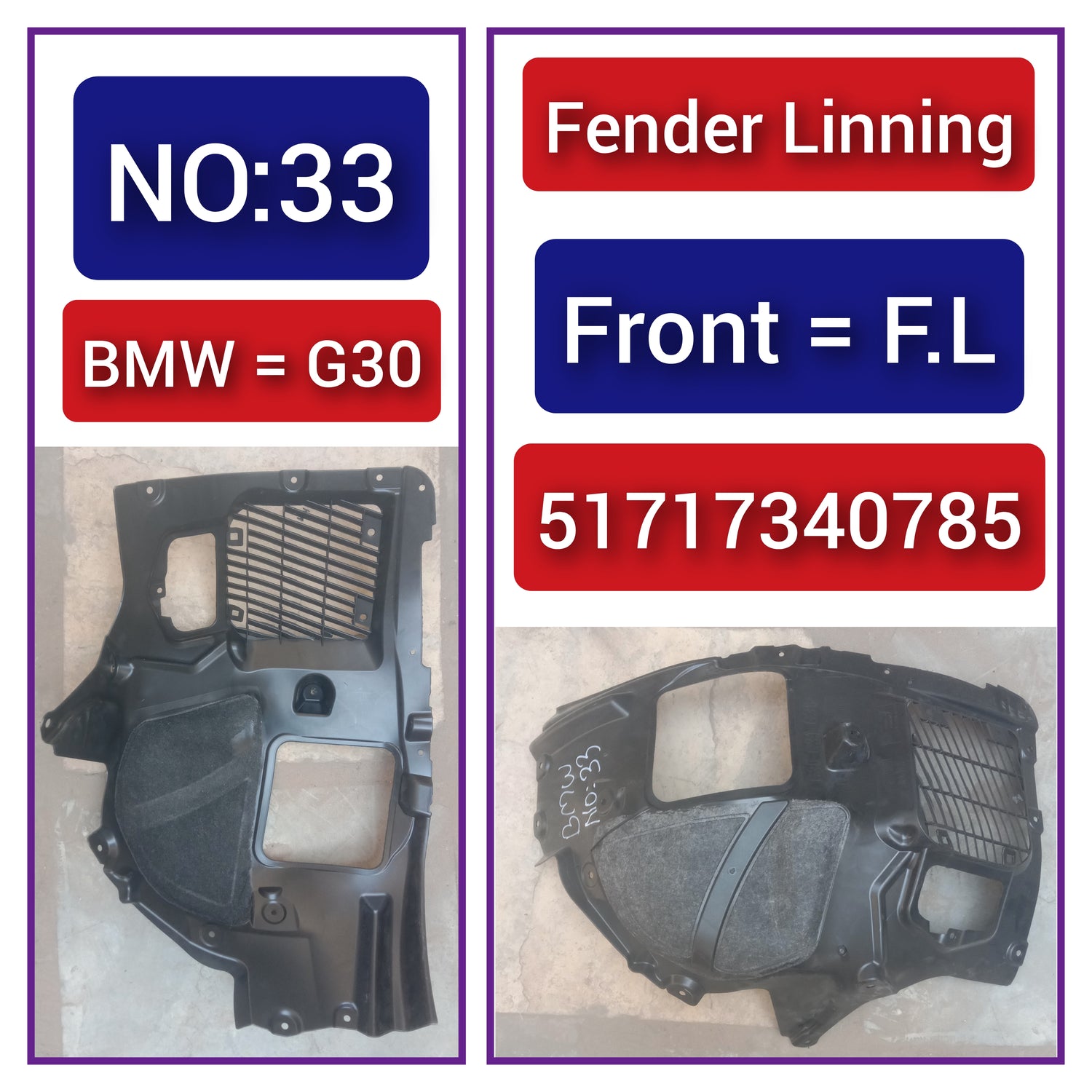 Front Right Fender Liner 51717340785 Compatible With BMW 5 Series G30, F90 Tag-FE-33