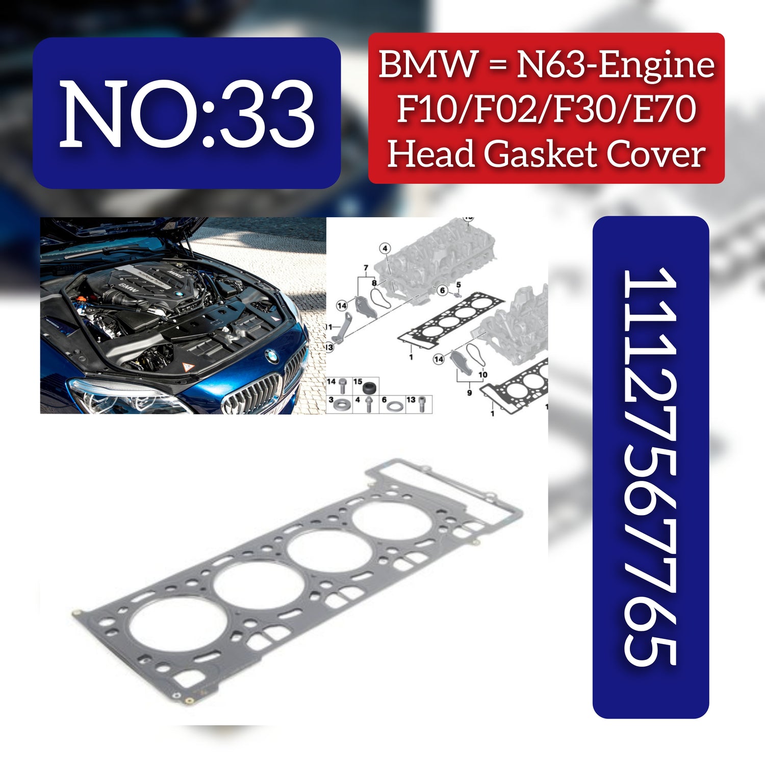 Tappet Cover Packing (Engine Valve Cover Gasket) 11127567765 Compatible With BMW 6 Convertible (F12) & 6 Coupe (F13) & X5 (E70) & X6 (E71, E72) Tag No:33
