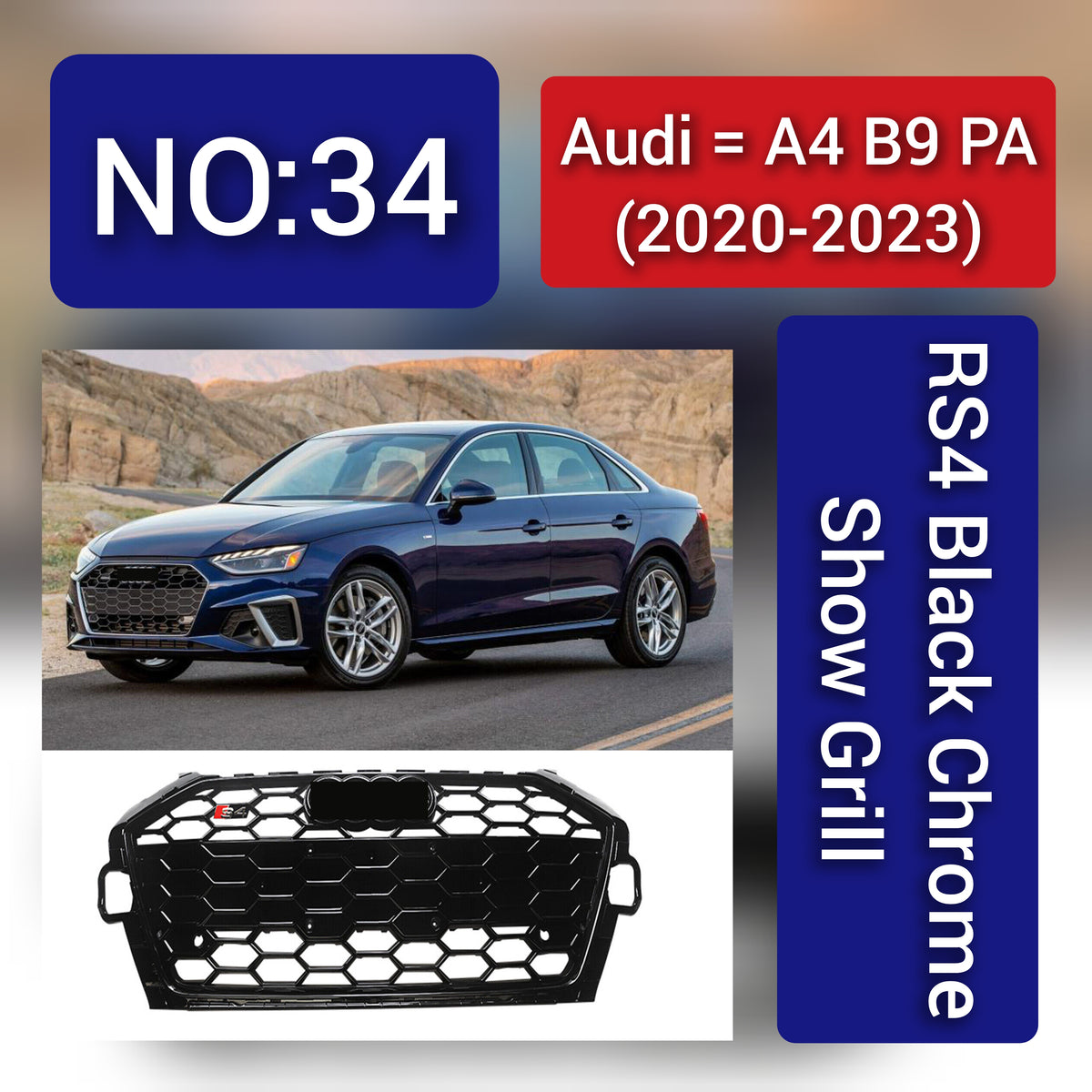 Show Grill  Compatible With Audi A4 B9 Facelift(2020-23) RS4 Black Chrome Tag 34