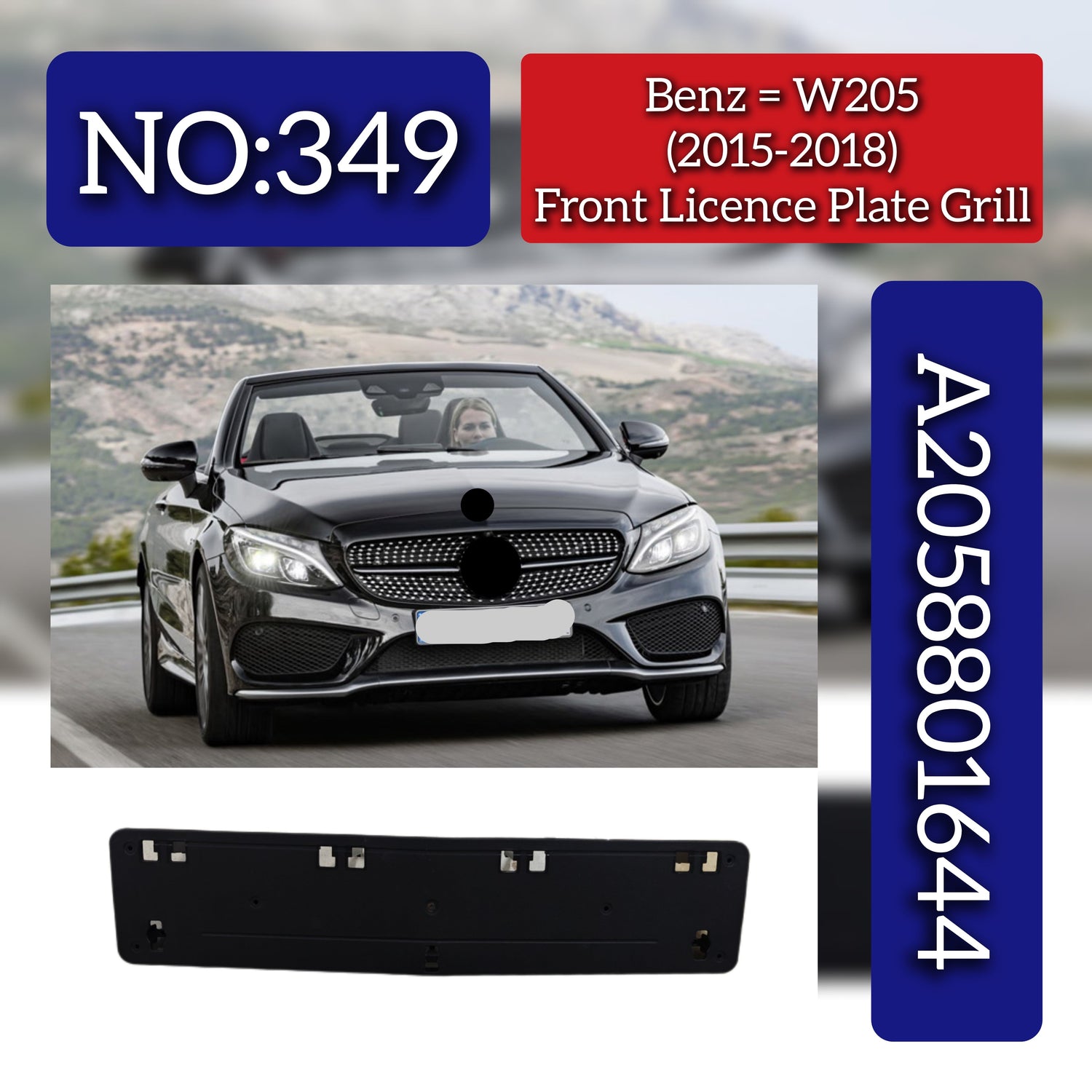 Front Licence Plate Grill 2058801644 Compatible With Mercedes Benz W205 2015-18 Tag No.349
