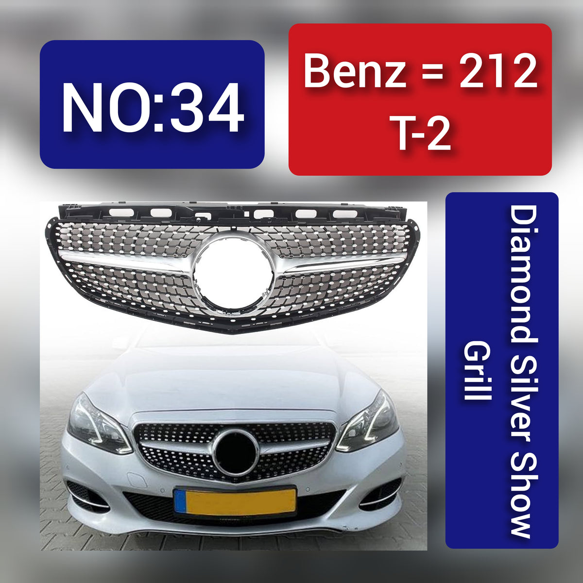 Show Grill  Compatible With Benz = 212 T-2 Diamond Silver Tag 34