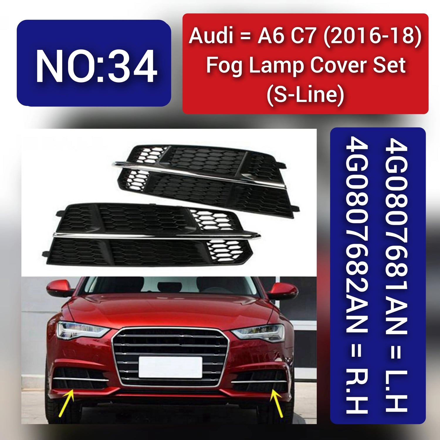 Fog Lamp Cover (Black Chrome) Left 4G0807681AN & Right 4G0807682AN Compatible With AUDI A6 C7 2016-2018 Tag No.34