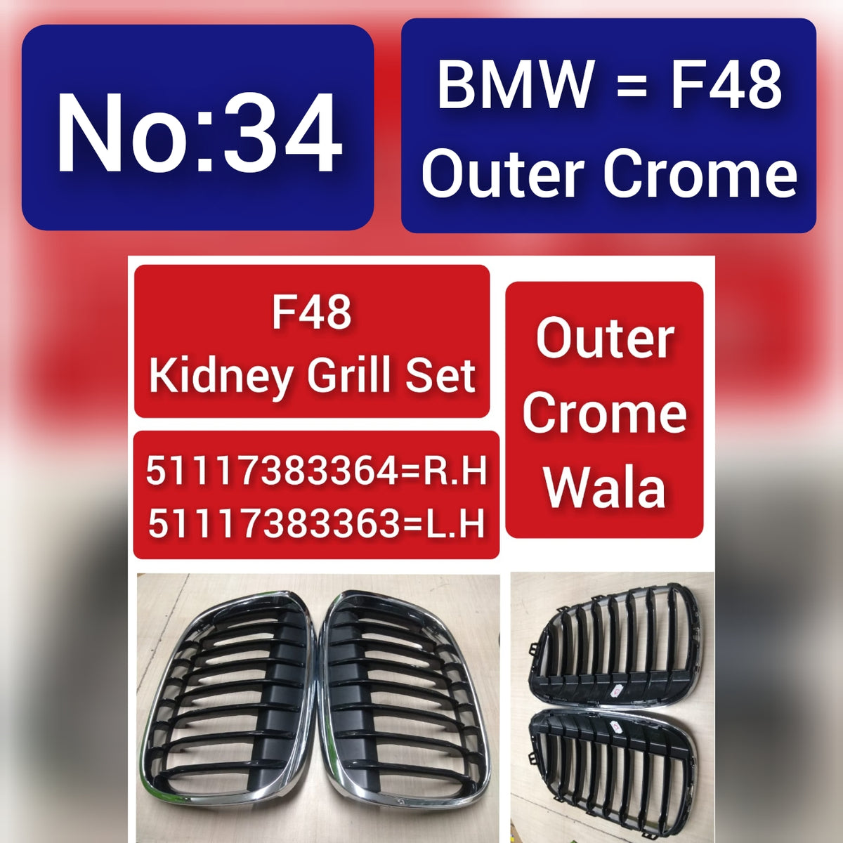 Kidney Grill Set 51117383364-R.H&,51117383363=L.H Compatible With BMW  X1 F48  Tag 34