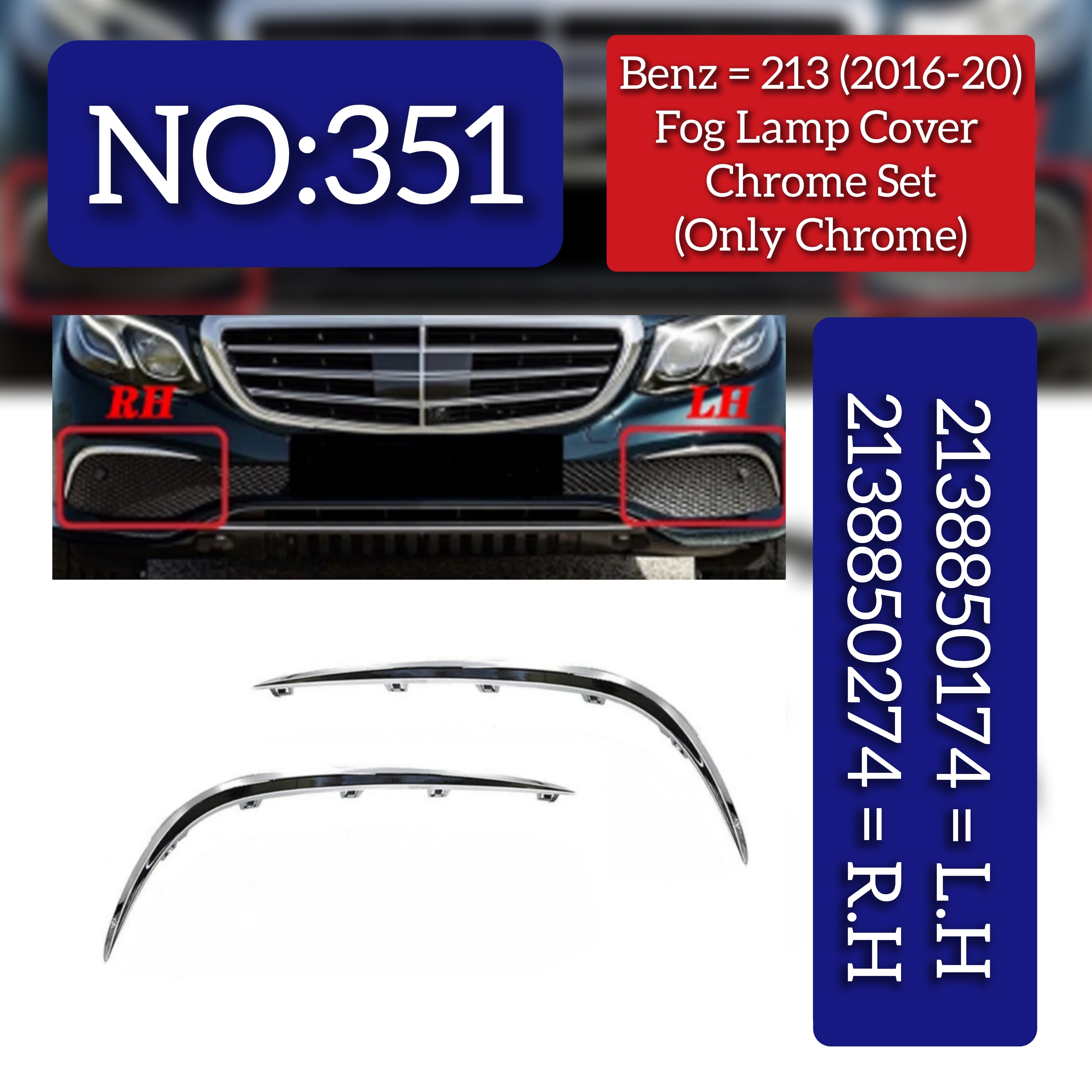 Fog Lamp Cover Left 2138851122 & Right 2138850822 & A2138851122 Fog Lamp Chrome Left 2138850174& Right 2138850274 Compatible With MERCEDES-BENZ E-Class W213 2016-2020