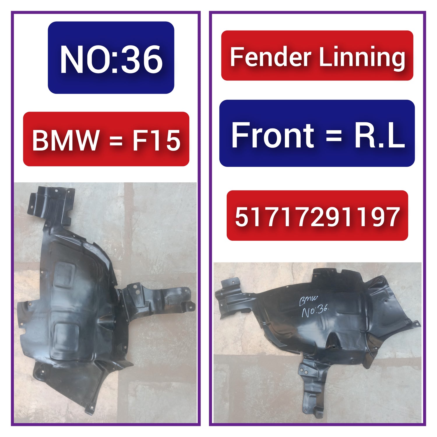 Rear Right Fender Liner 51717291198 Compatible With BMW X5 F15 Tag-FE-36