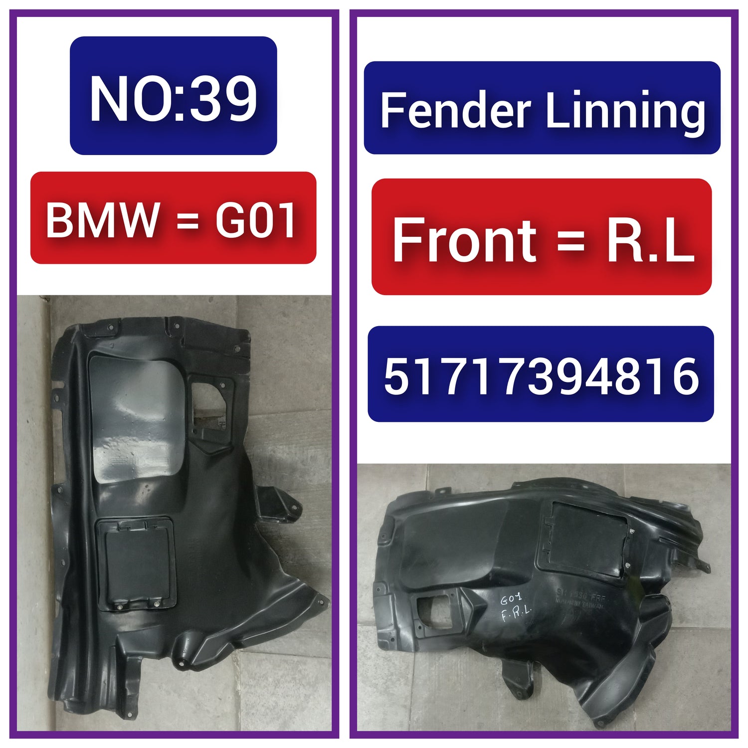 Rear Left Fender Liner 51717394816 Compatible With BMW X3 G01, F97 Tag-FE-39
