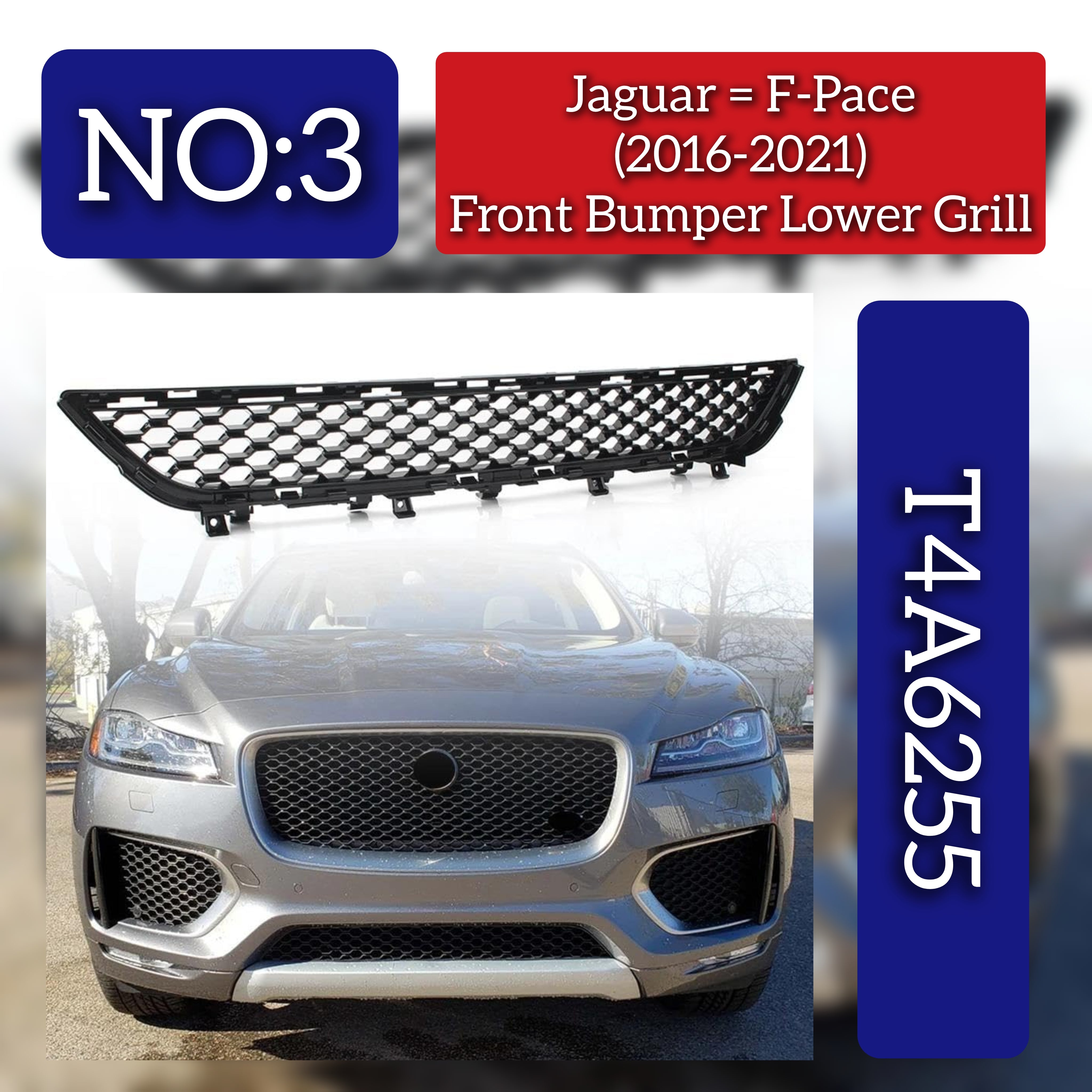 Front Bumper Lower Grill Gloss Black T4A6255 Compatible With JAGUAR F-PACE (X761) Tag No.3