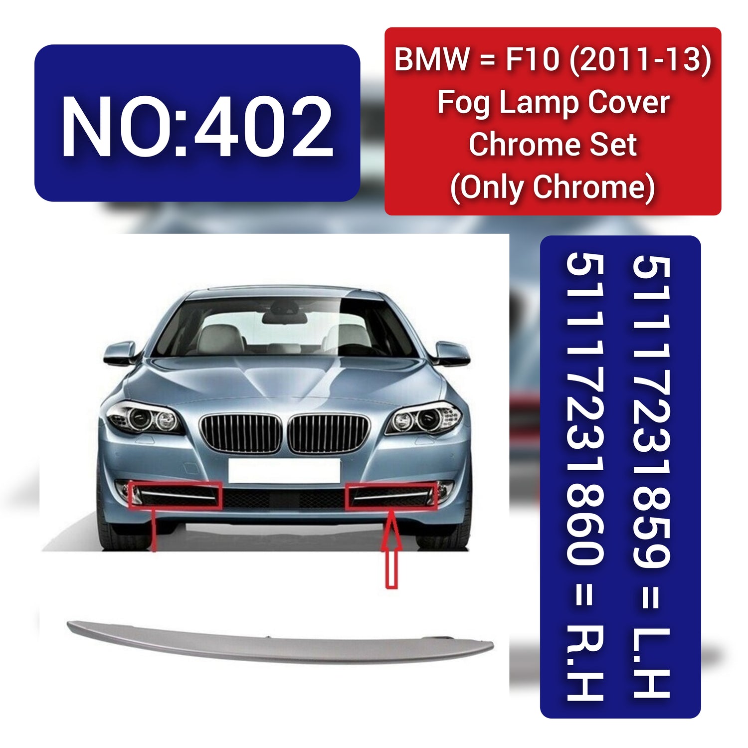 Fog Lamp Chrome Left 51117231859 & Right 51117231860 Compatible With BMW 5 Series F10 2011-2013 Tag-FC-402