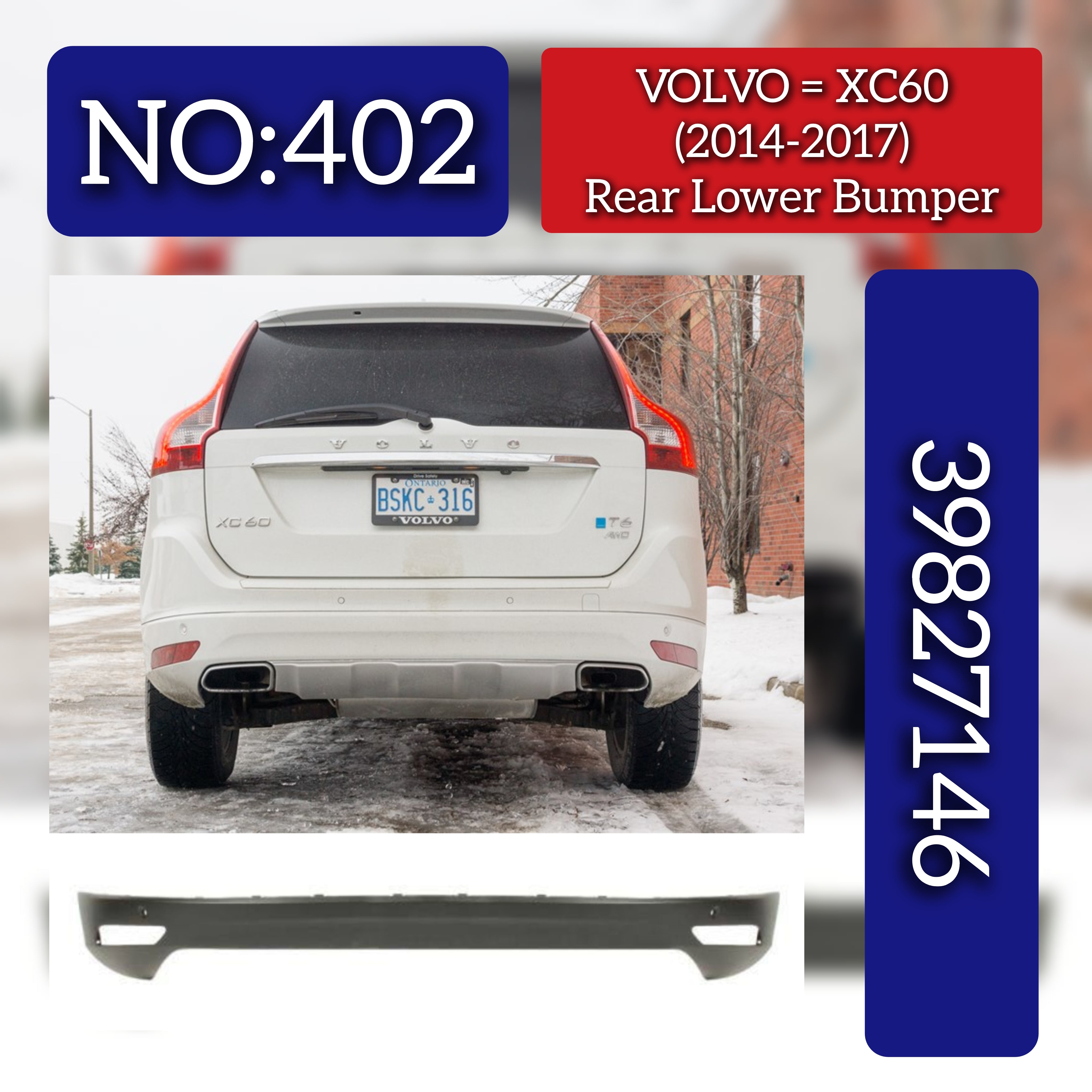 Rear Lower Bumper 39821622 39827146 Compatible With VOLVO XC60 (2014-2017) Tag No.402