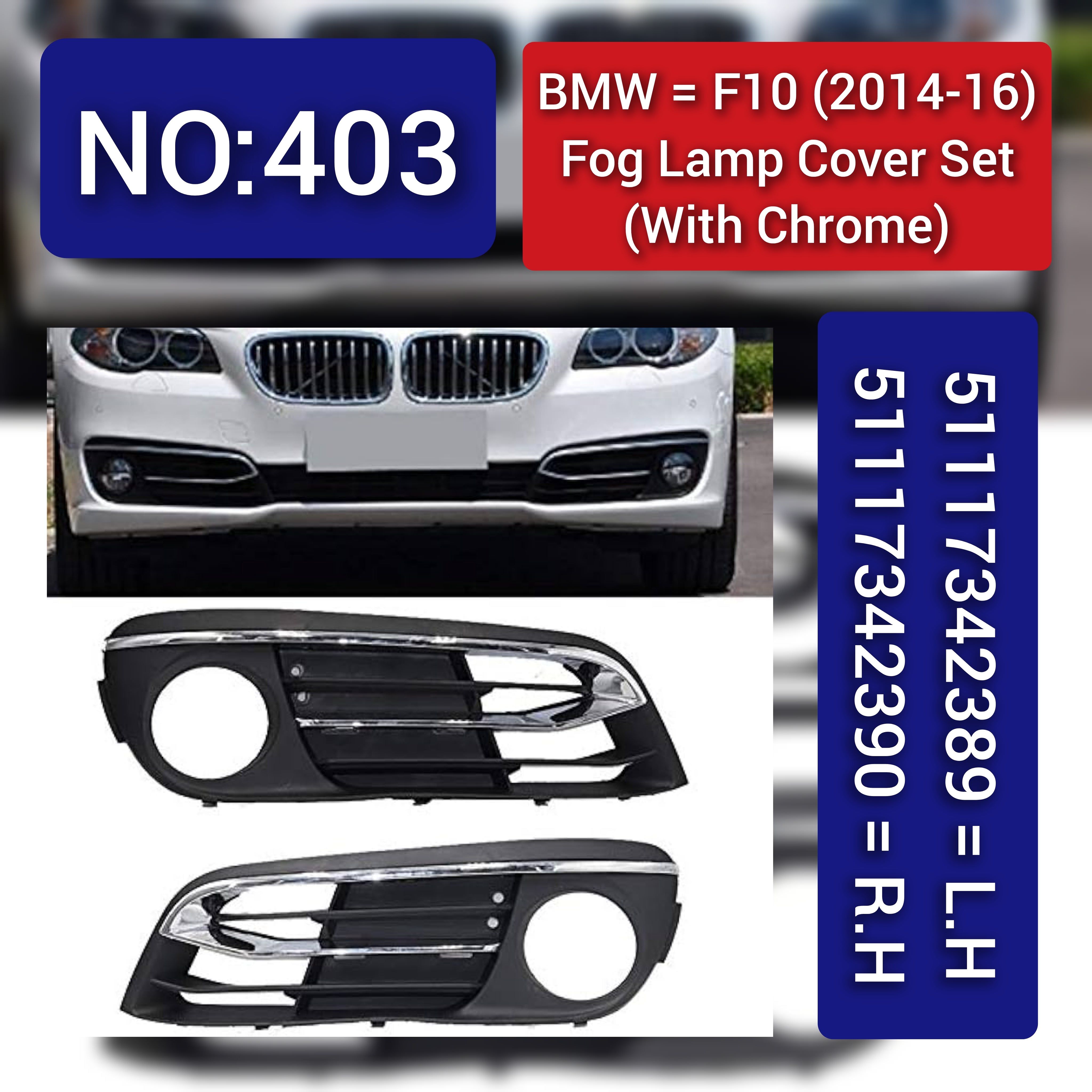 Fog Lamp Cover With Chrome Compatible With BMW 5 Series F10 2014-2016 Fog Lamp Cover With Chrome Left 51117342389 & Right 51117342390  Tag-FC-403