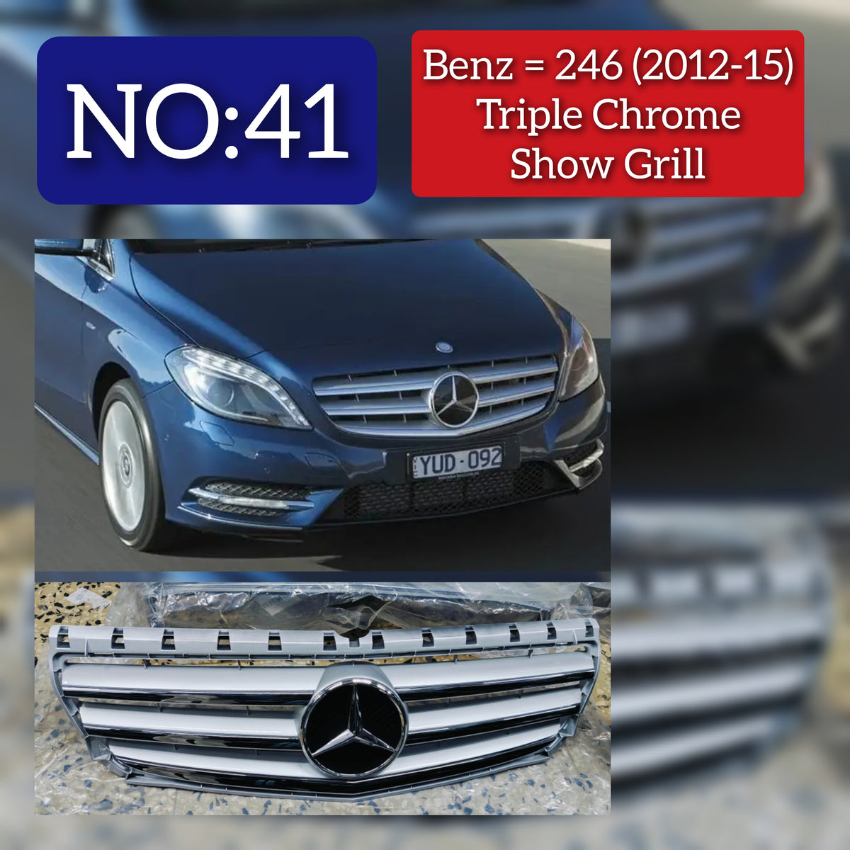 Classic Silver Chrome (3 Lines) Show Grill  Compatible With  Mercedes Benz B-Class W246 (2012-2015) Tag 41