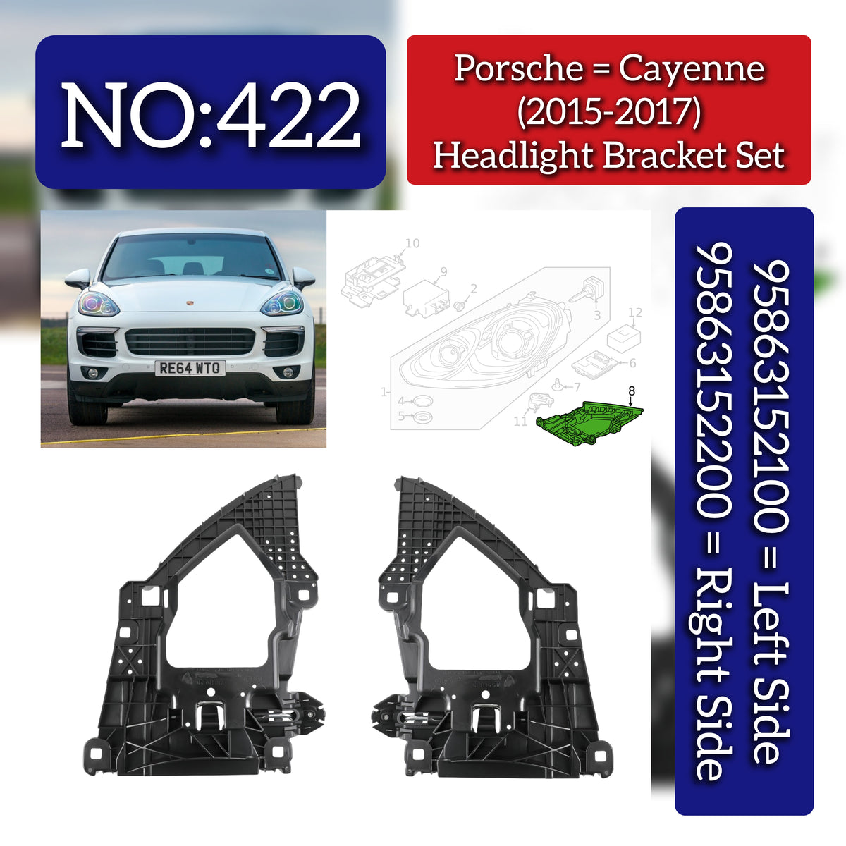 Headlight Bracket Set Right 95863152200 & Left 95863152100 Compatible With Porsche Cayenne (2015-2017) Tag No.422