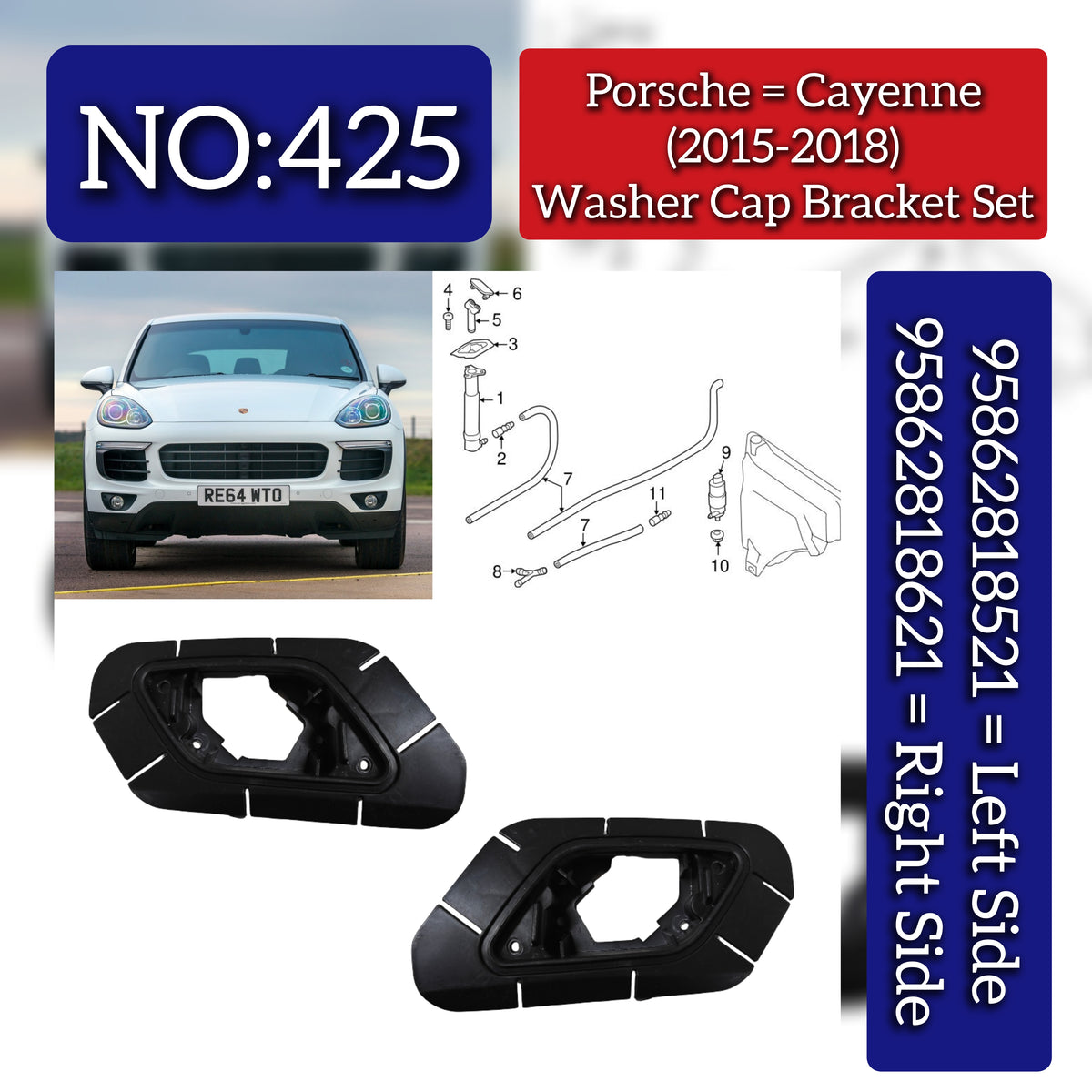 Washer Cap Bracket Set Right 95862818621 & Left 95862818521 Compatible With Porsche Cayenne (2015-2017) Tag No.425