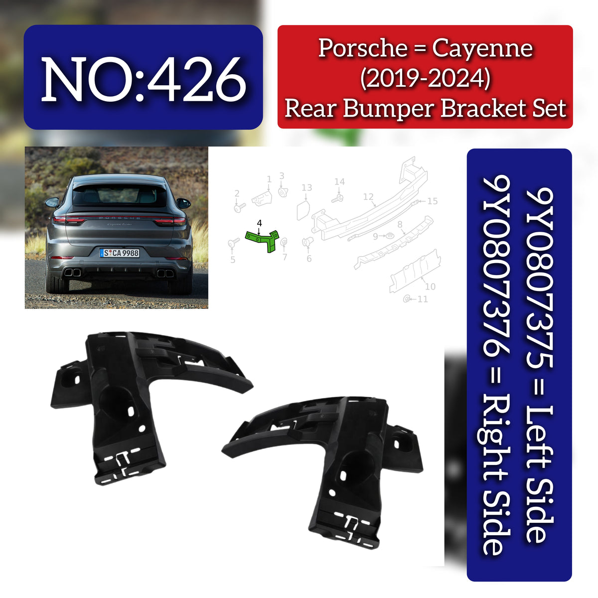 Rear Bumper Bracket Set Right 9Y0807376 & Left 9Y0807375 Compatible With Porsche Cayenne (2018-2020) Tag No.426