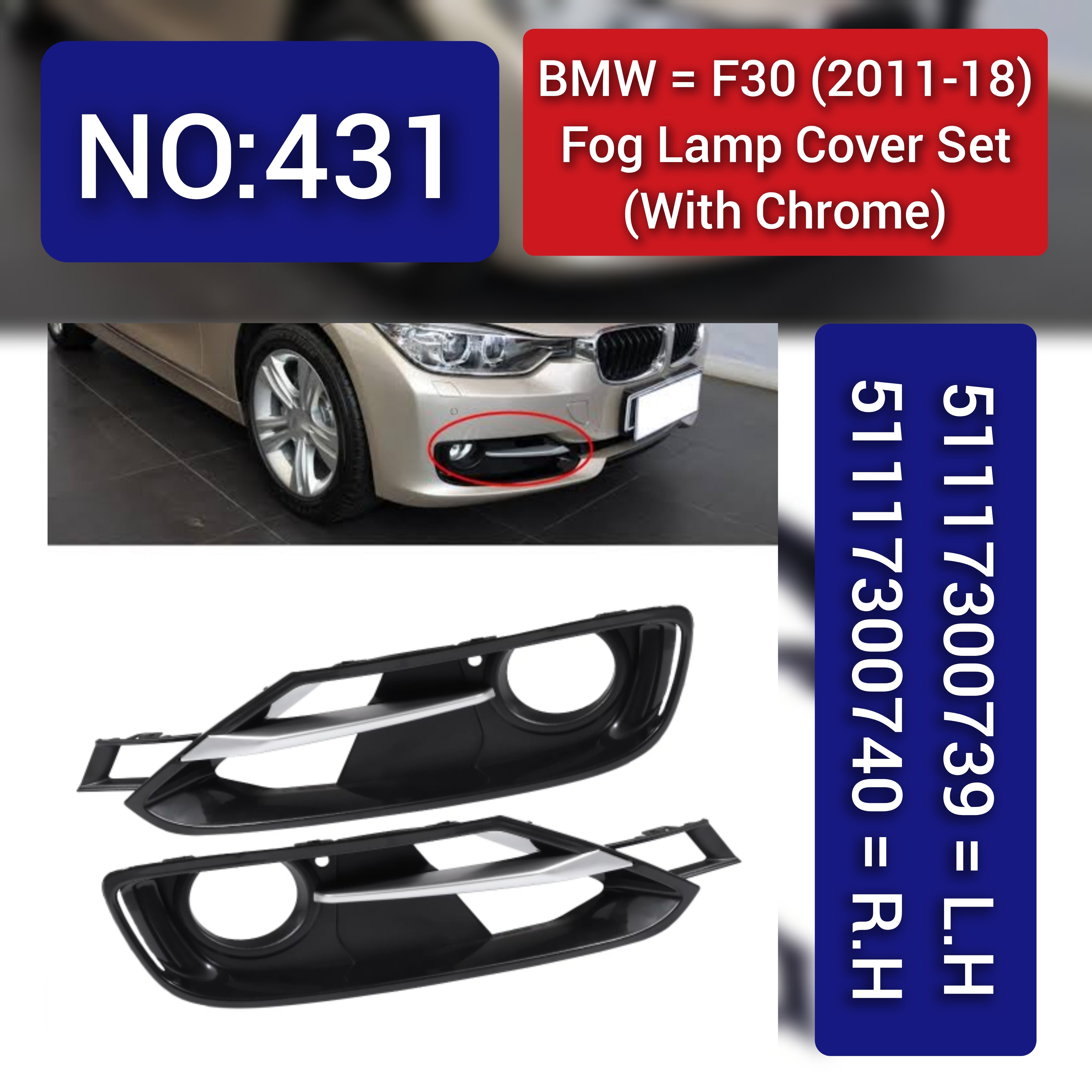 Fog Lamp Cover With Chrome Compatible With BMW 3 Series F30 2011-2018 Fog Lamp Cover With Chrome Left 51117300739 & Right 51117300740 Tag-FC-431