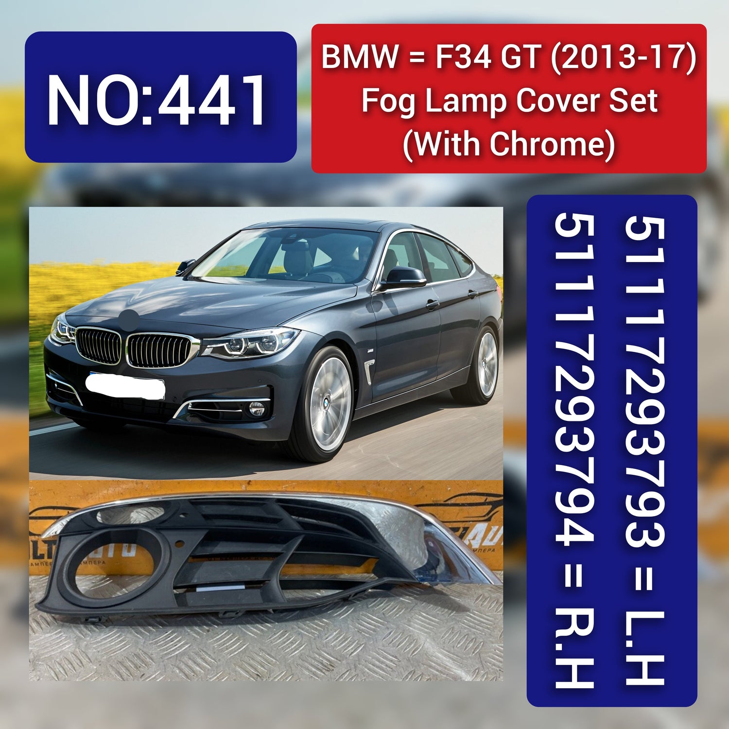 Fog Lamp Cover With Chrome Left 51117293793 & Right 51117293794 Compatible With BMW 3 Series F34 GT 2013-2017 Tag-FC-441