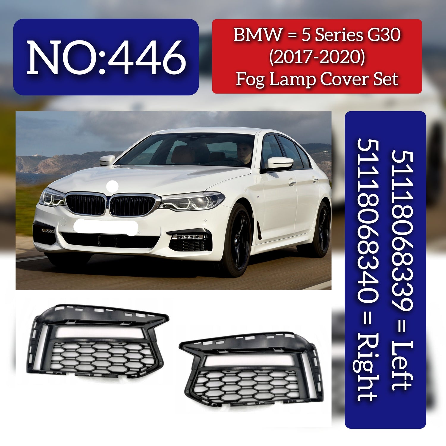Fog Lamp Cover Left 51118068339 & Right 51118068340 & Fog Lamp Chrome Left 51118064979 & Right 51118064980 Compatible With BMW 5 series G38 (2018-2020)