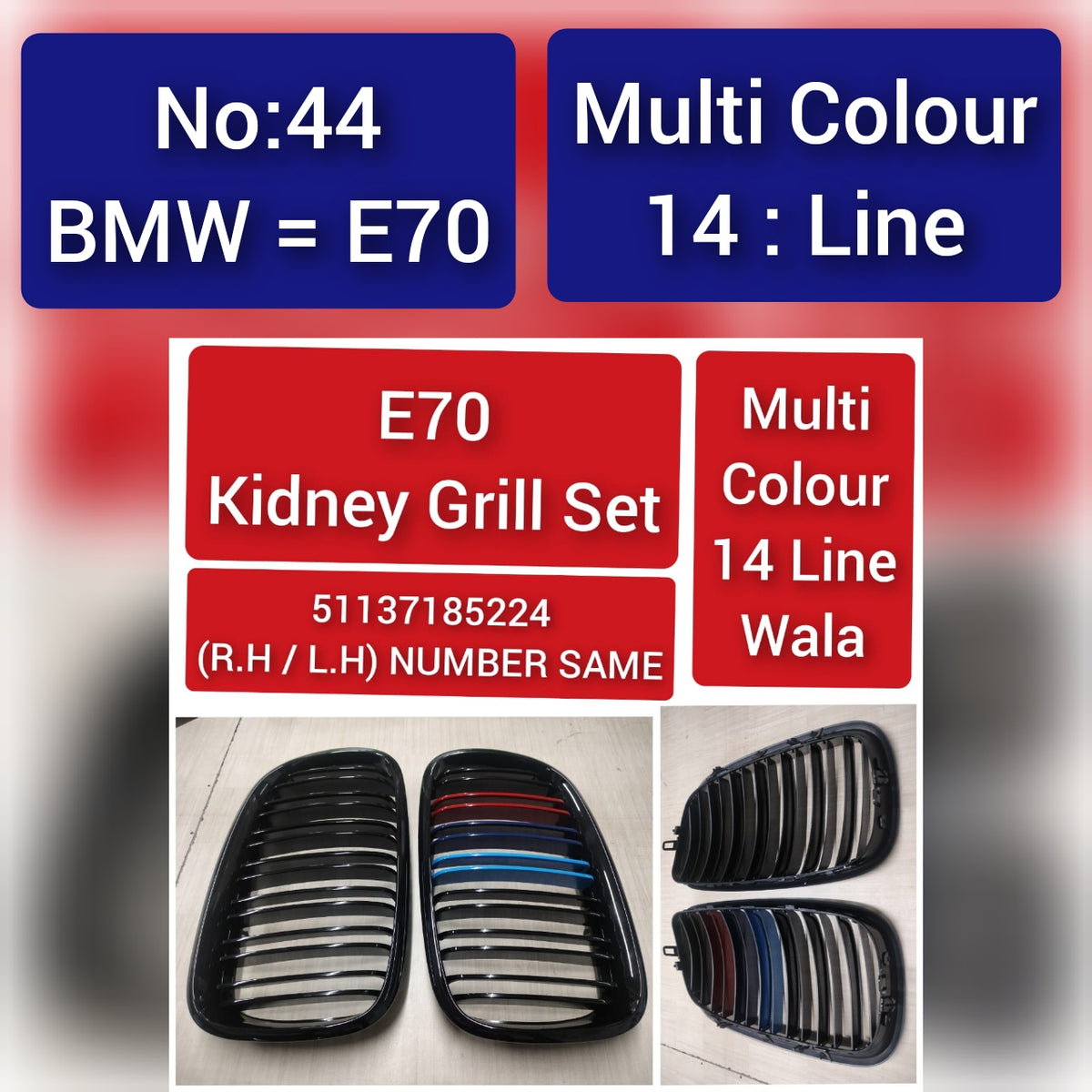 BMW = E70 Multi Colour 14: Line , E70 Kidney Grill Set 51137185224 (R.H/L.H) NUMBER SAME Multi Colour Wala 14 Line Tag 44