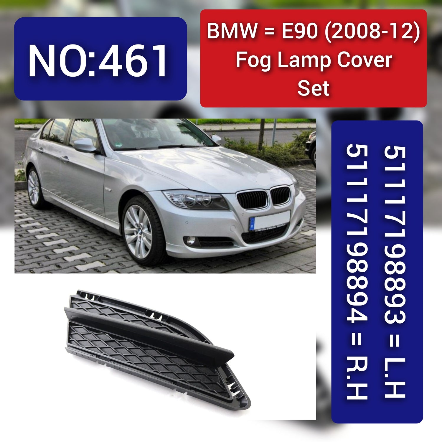 Fog Lamp Cover Left 51117198893 & Right 51117198894 Compatible With BMW 3 Series E90 2008-2012  Tag-FC-461