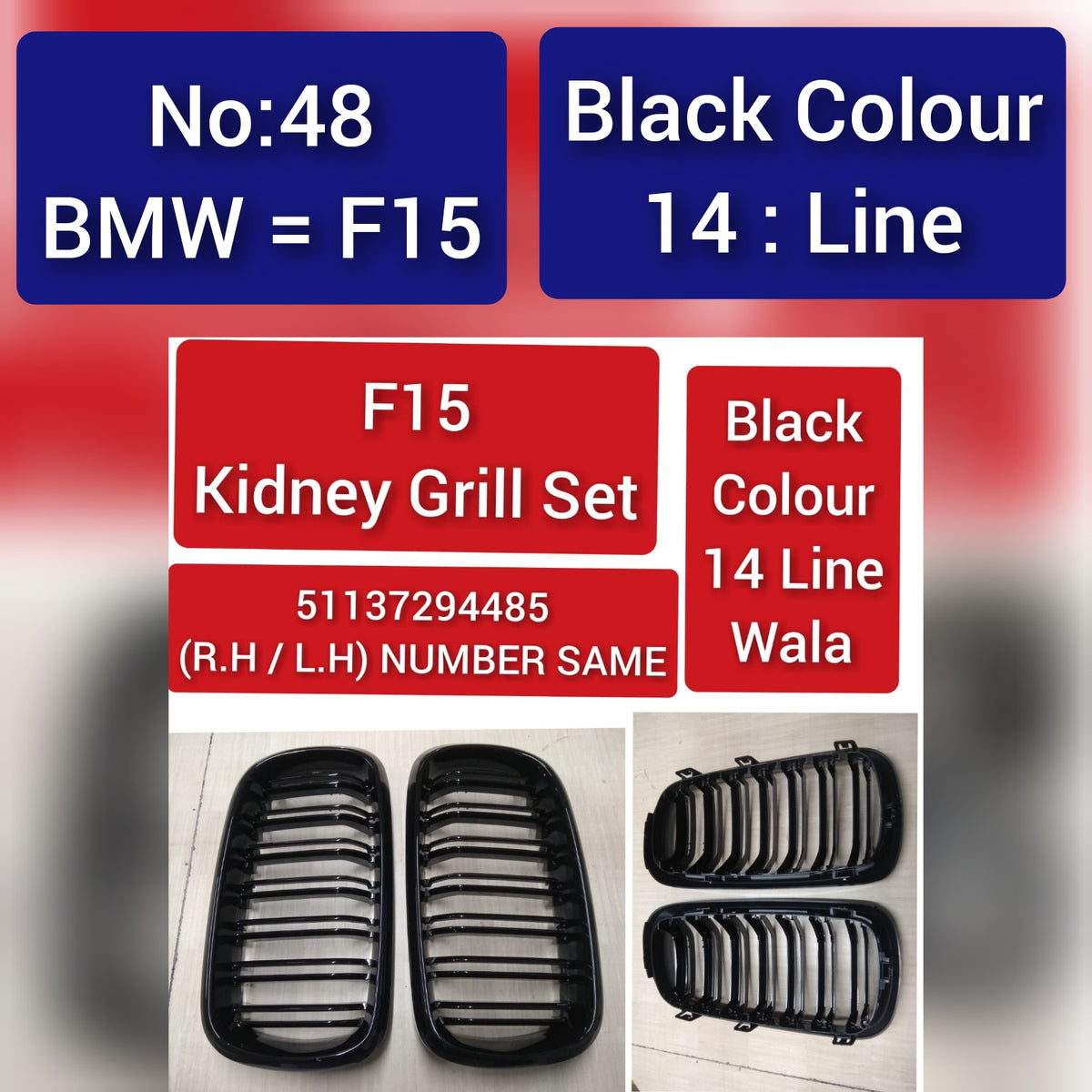 Kidney Grill Set Black Color 14: Line 51137294485 (R.H/L.H)  Compatible With  BMW X5 F15 Tag 48