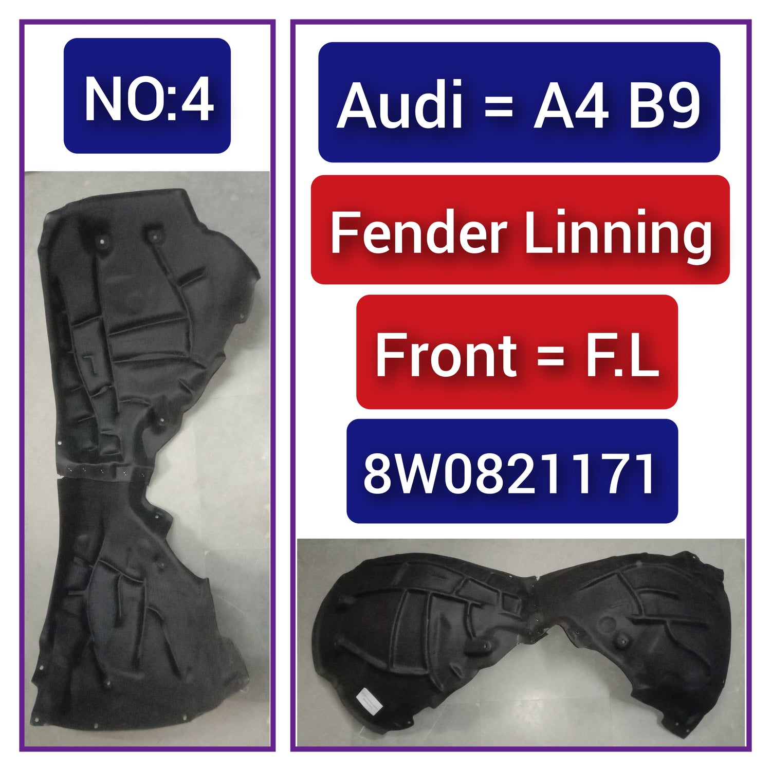 Front Left Fender Liner 8W0821171 8WD821171 8W0821171B Compatible With AUDI A4 B9 Tag-FEA-04