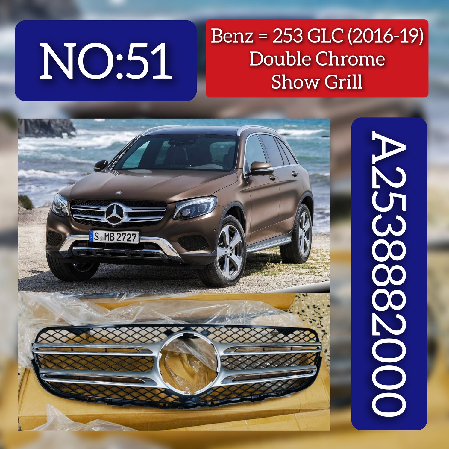 Double Chrome Show Grill (Without Logo) Compatible With Mercedes Benz GLC X253 (2015-2019) Tag 51