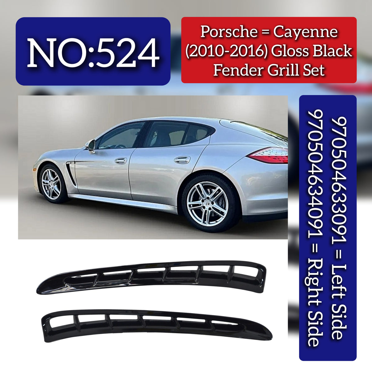 Fender Grill Set (Glossy Black) Right 970504633091 & Left 970504634091 Compatible With Porsche Panamera (2010-2013) Tag No.524