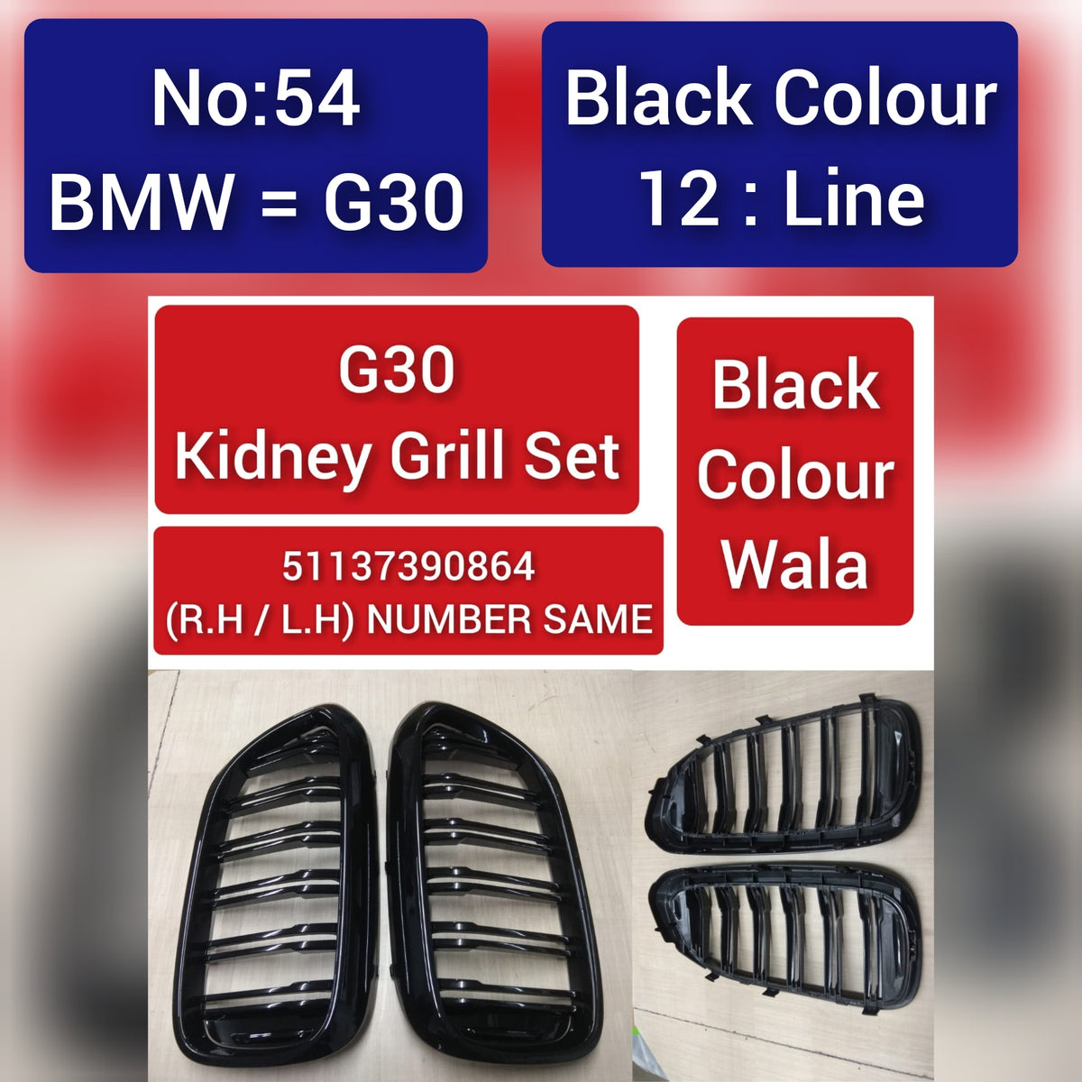 Kidney Grill Set 51137390864 (R.H/L.H) Black color Compatible With BMW 5 Series G30 Tag 54