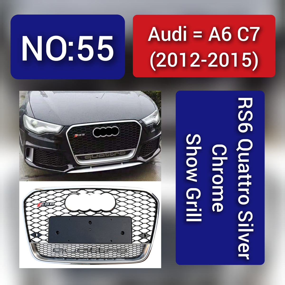 Show Grill Compatible With  Audi A6 C7(2012-15) RS6 Quattro Silver Chrome Tag 55