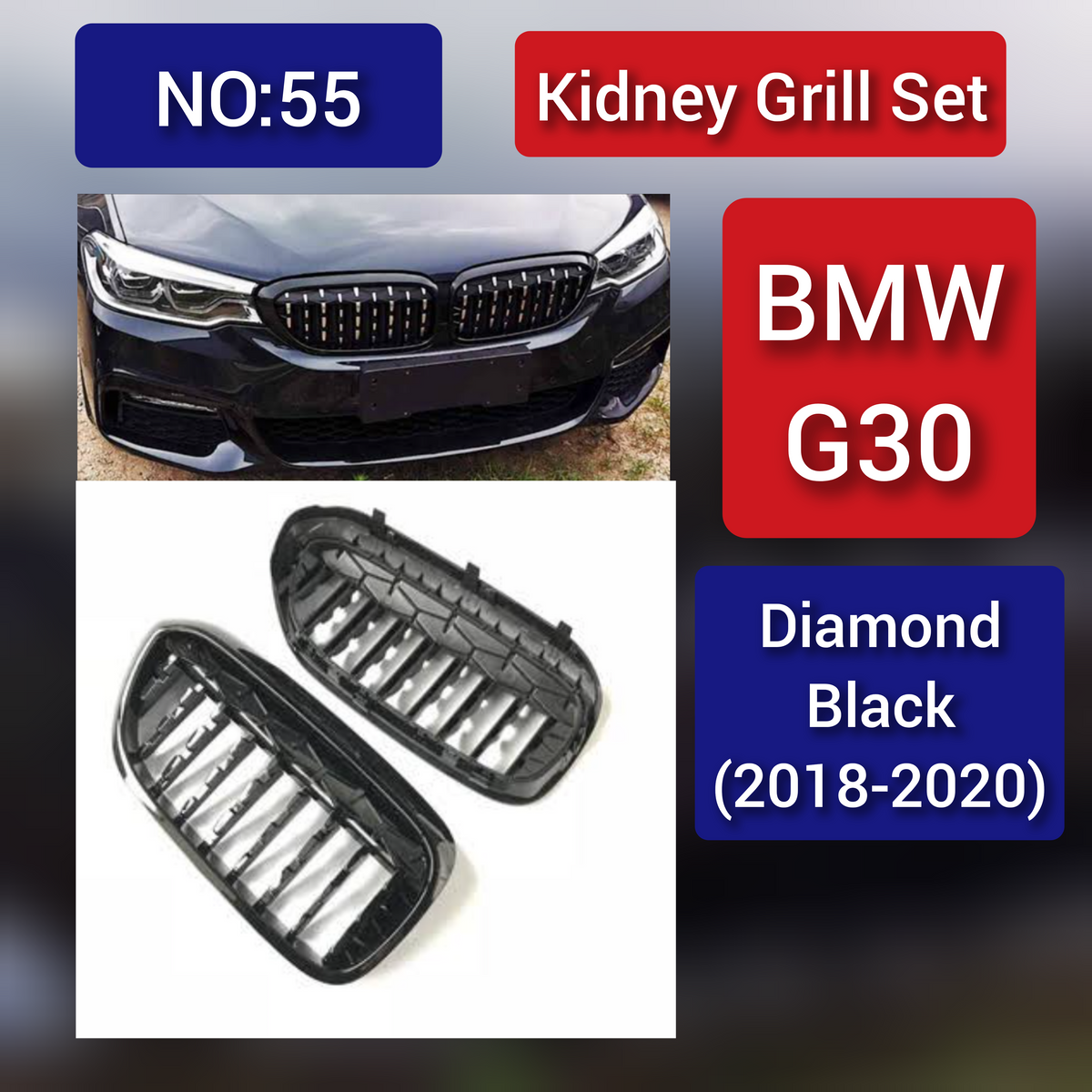 Kidney Grill Set  Diamond Black (2018-2020) Compatible With BMW 5 Series G30 Tag 55