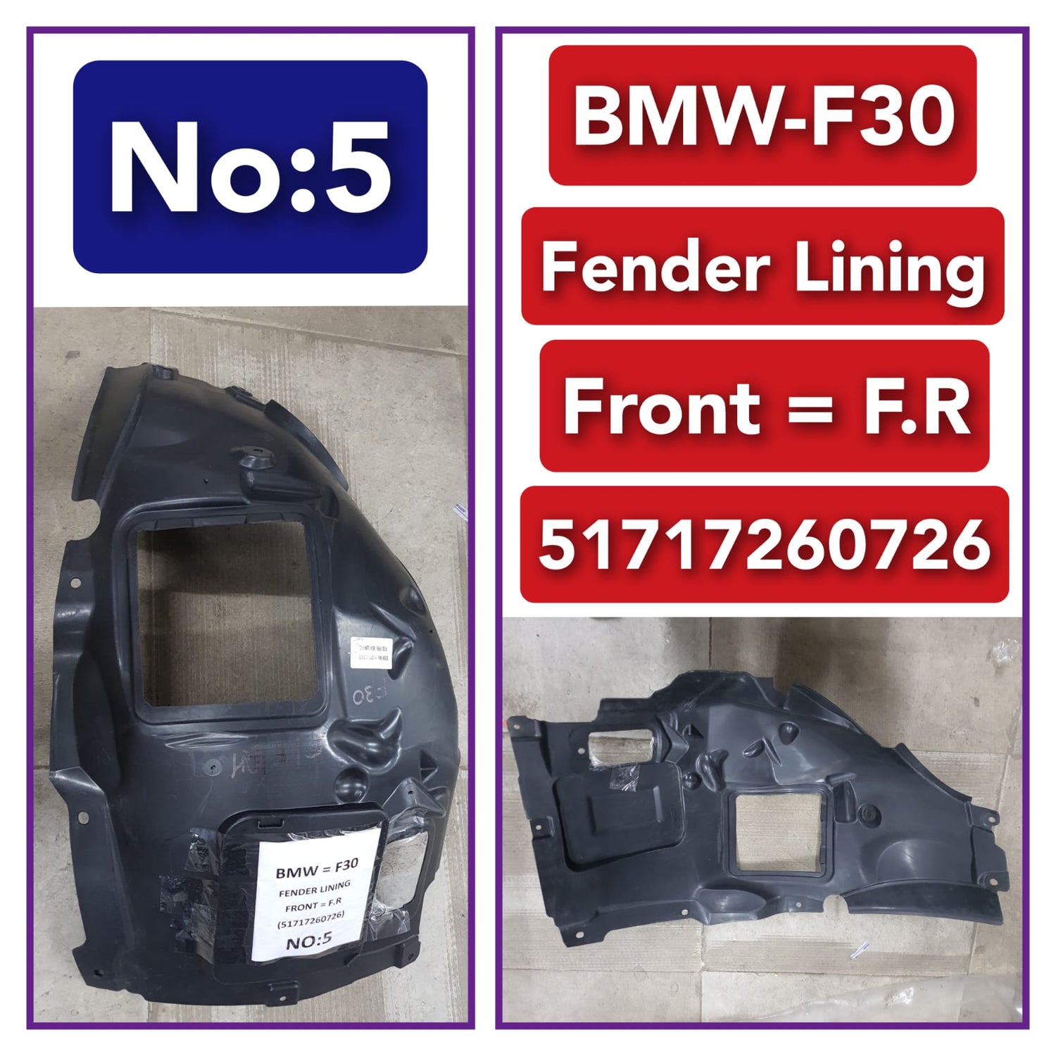 Front Right Fender Liner 51717260726 Compatible With BMW 3 Series F30 F80 (2012-2018) Tag-FE-05