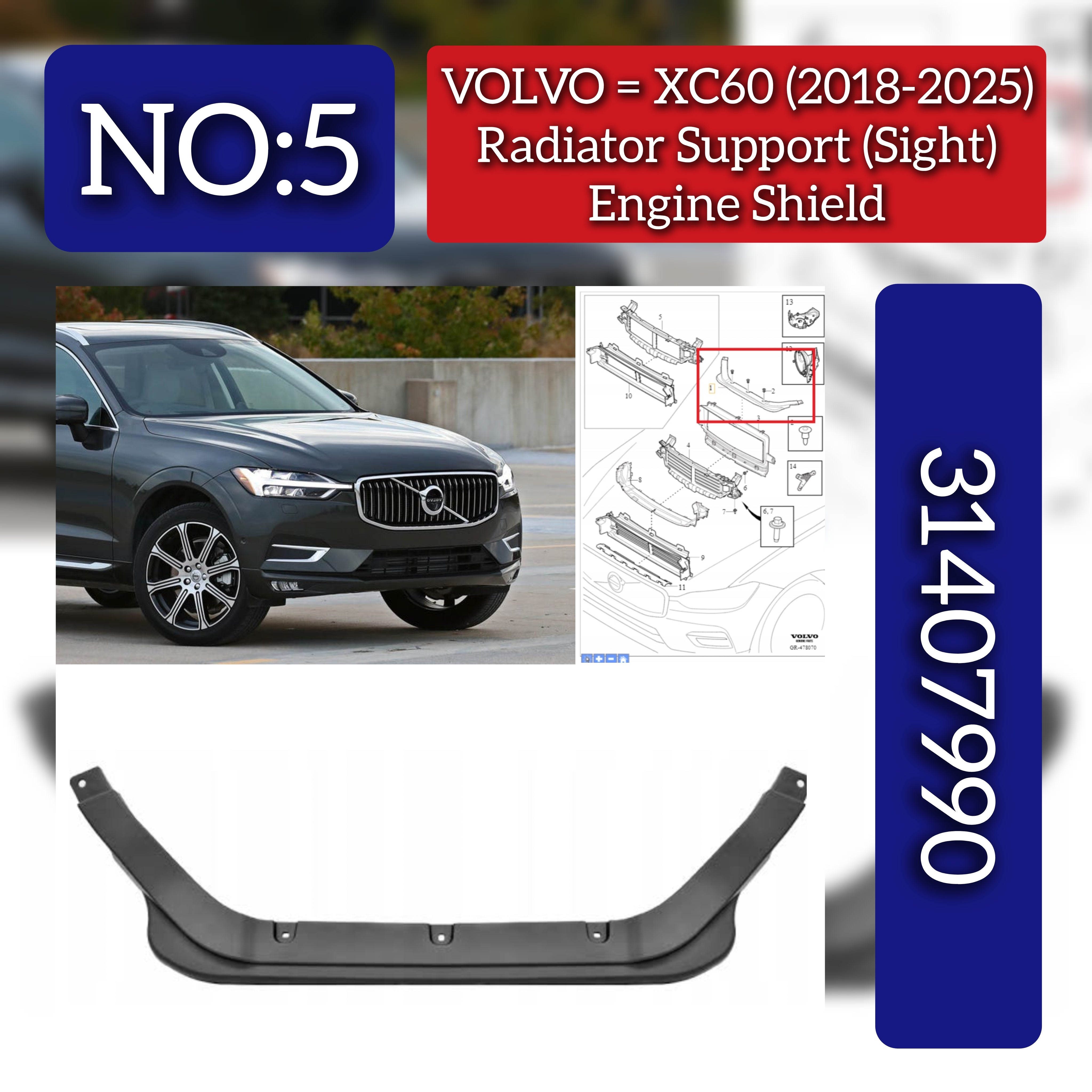 Radiator Support Engine Shield 31407990  Compatible With VOLVO XC60 (2018-2025) Tag No.5