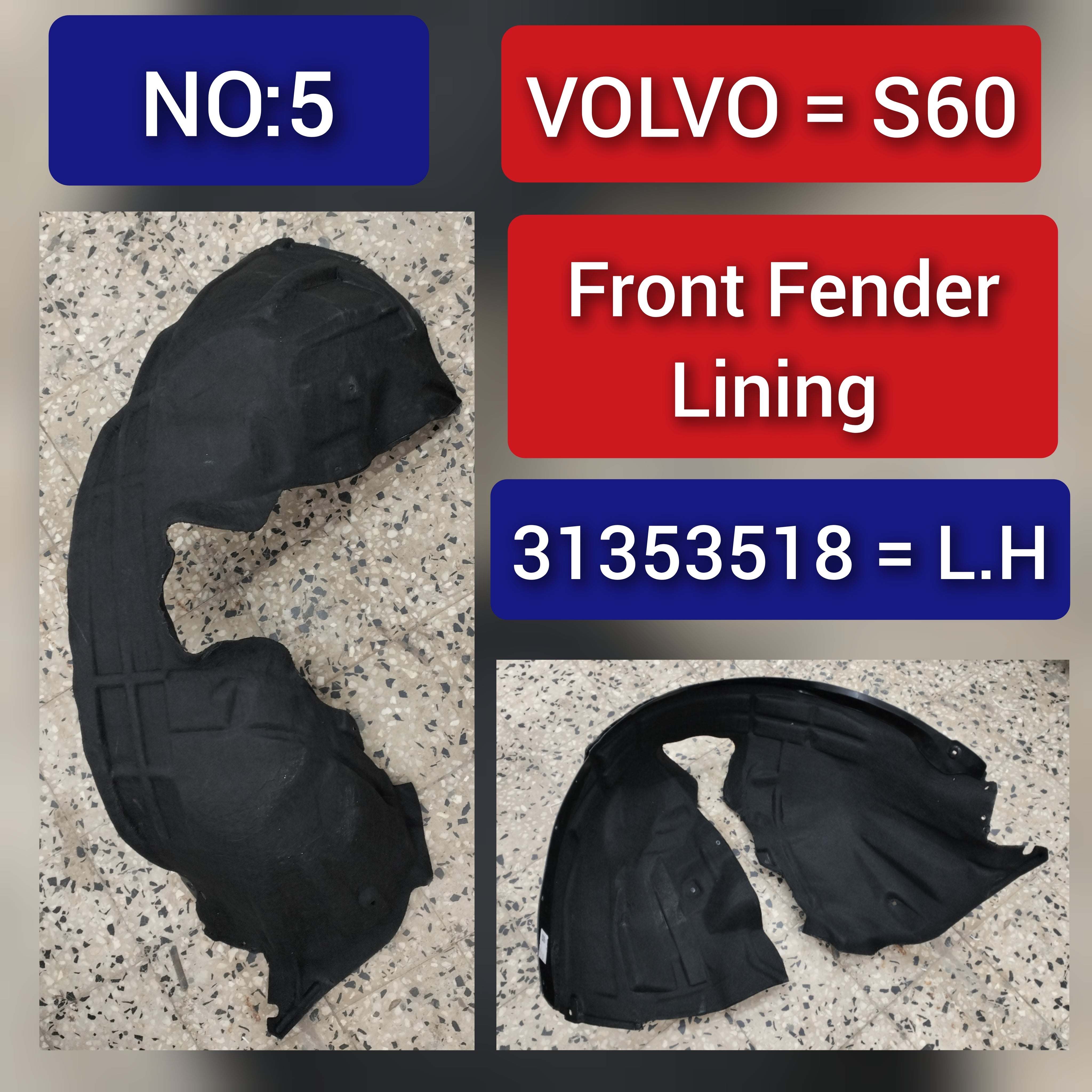 Front Left Fender Liner 31353518 Compatible With VOLVO S60 Tag-FEV-05