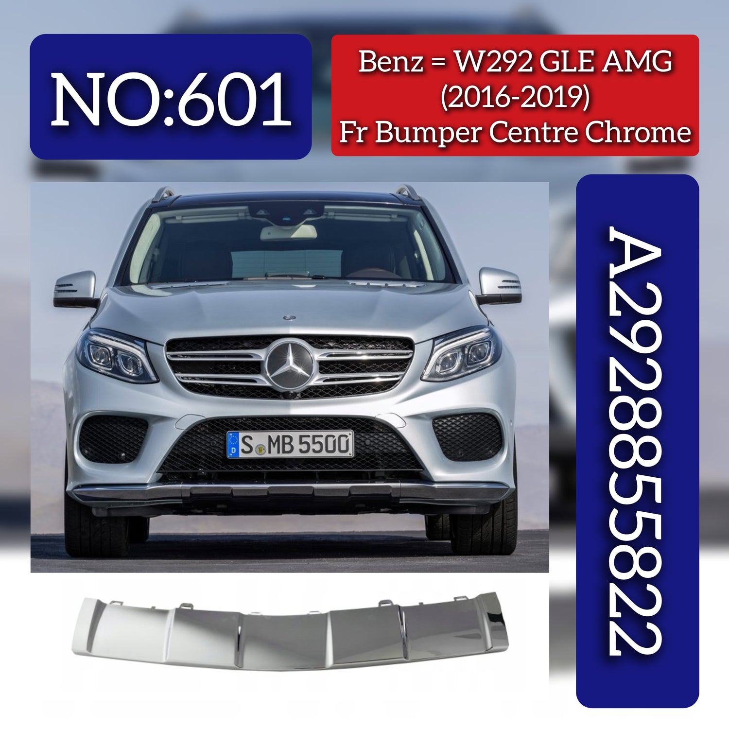 Front Bumper Center Chrome 2928855822 A2928855822 2928850300 2928850400 Compatible With Mercedes Benz W292 GLE (16-19) Tag No.601