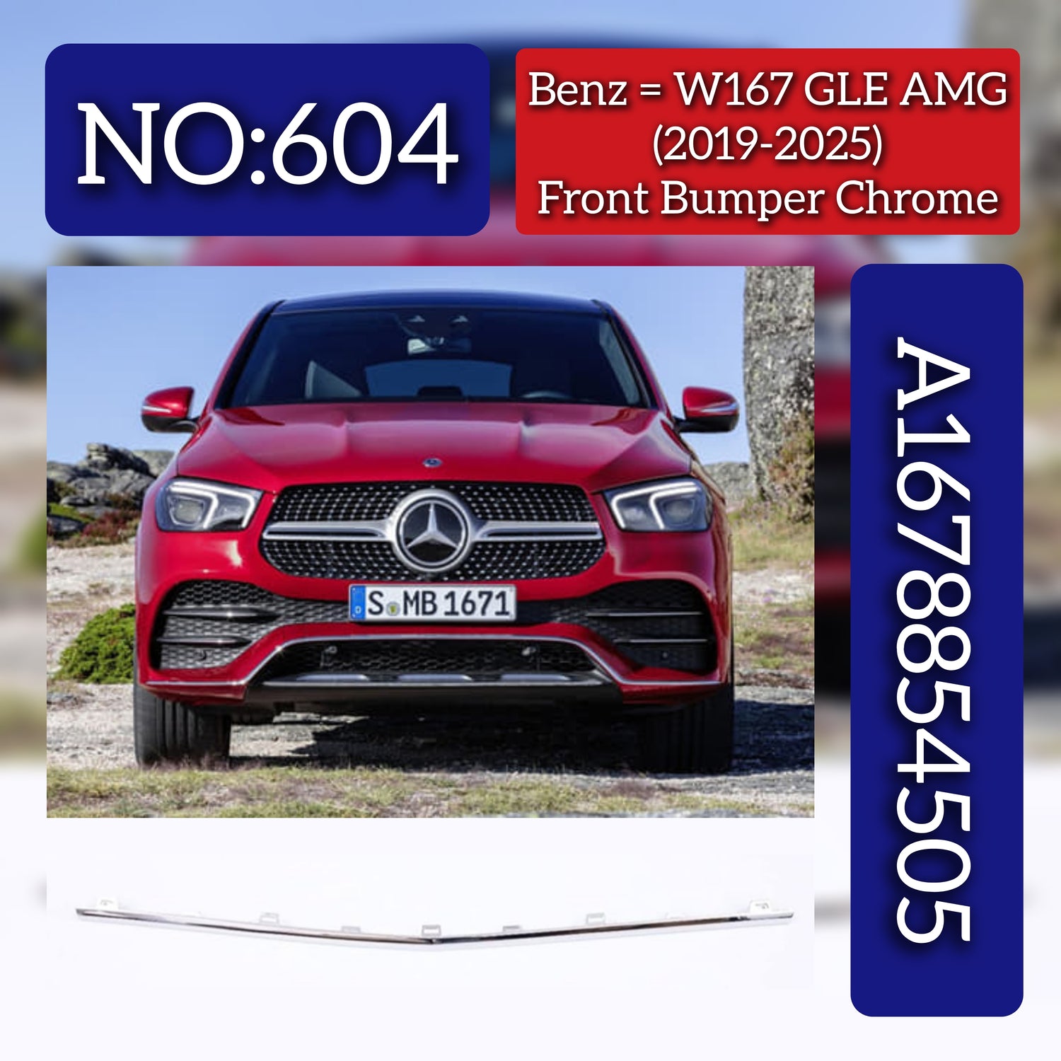 Front Bumper Lip Spoiler Chrome 1678854505 A1678854505 Compatible With Mercedes Benz W167 GLE (2019-24) Tag No.604
