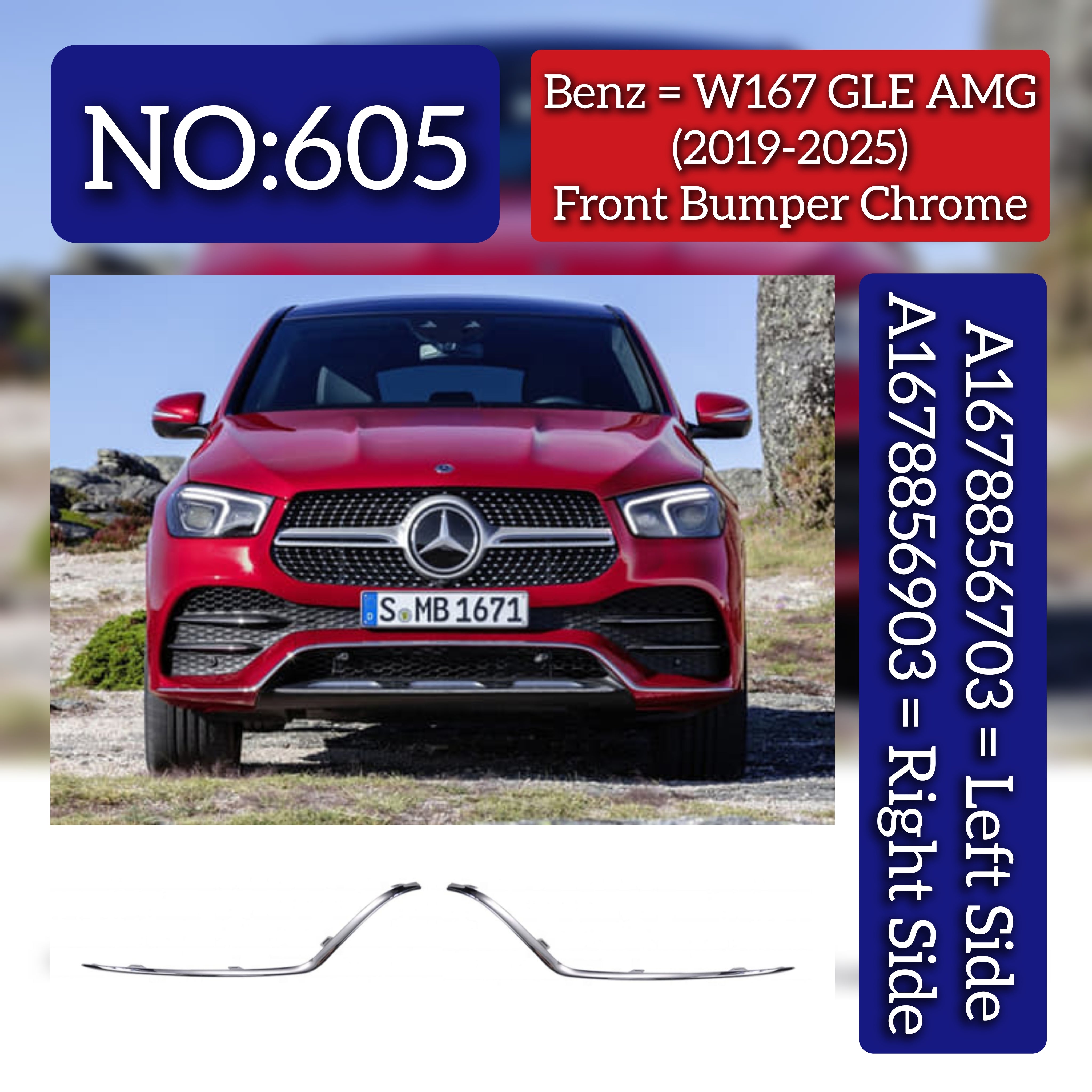 Front Bumper Light Bar Chrome Set Left 1678856803 & Right 1678856903 Compatible With Mercedes Benz W167 GLE (2019-24) Tag No.605