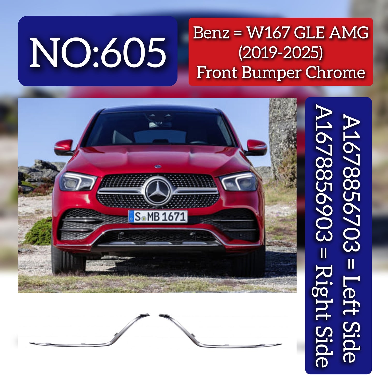 Front Bumper Light Bar Chrome Set Left 1678856803 & Right 1678856903 Compatible With Mercedes Benz W167 GLE (2019-24) Tag No.605