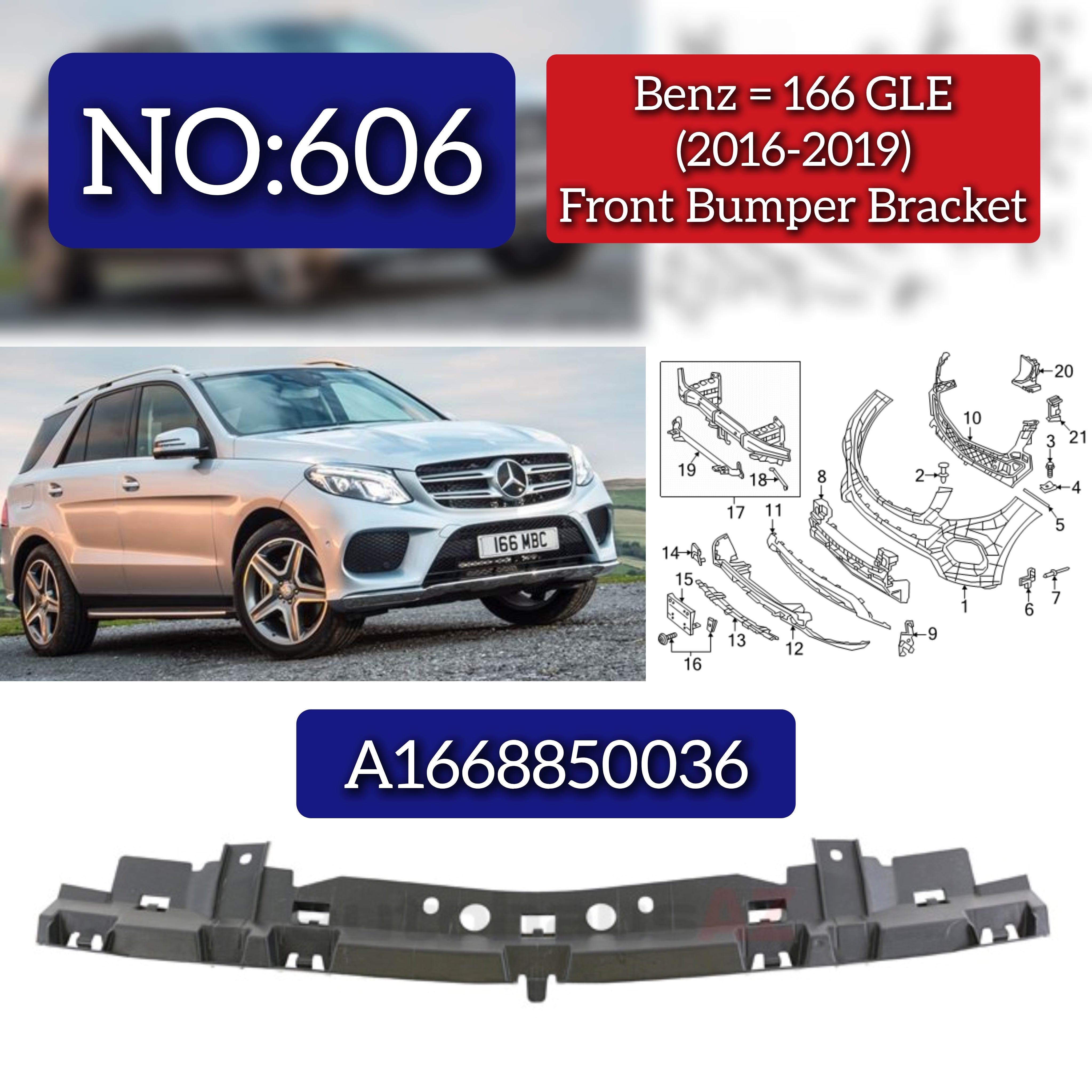 Front Bumper Bracket A1668850036 1668850036 Compatible With Mercedes Benz (W166) GLE-Class (2016-2019) Tag No.606
