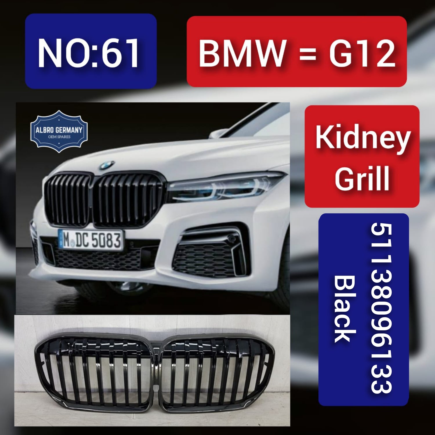 Kidney Grill 51138096133 Black Compatible With BMW 7 Series G11,G12  Tag 61