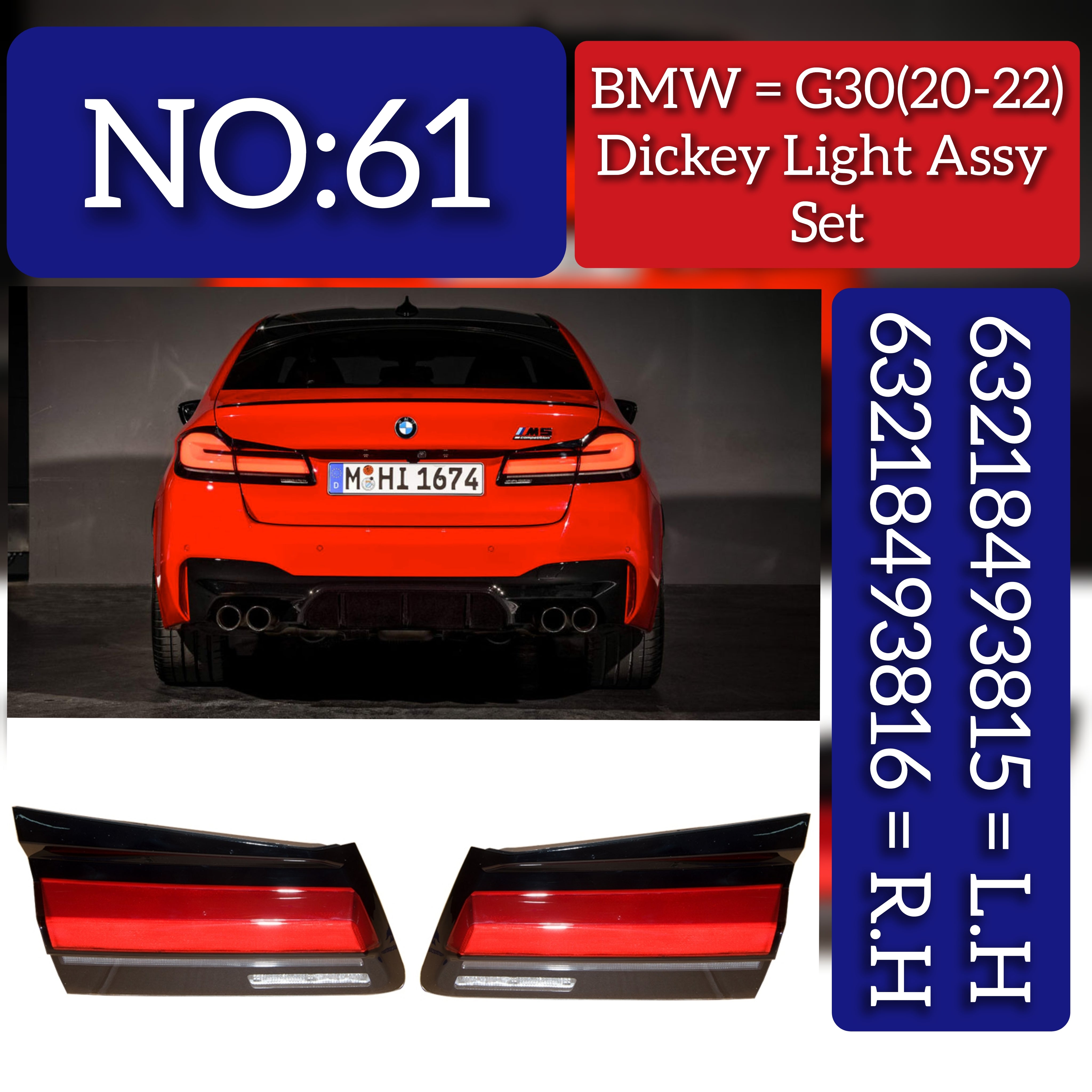 Inner Tail Light Rear Lamp Compatible With BMW 5 Series G30 Inner Tail Light Rear Lamp Left 63218493815 & Right 63218493816 (2020-2022) Tag No.61