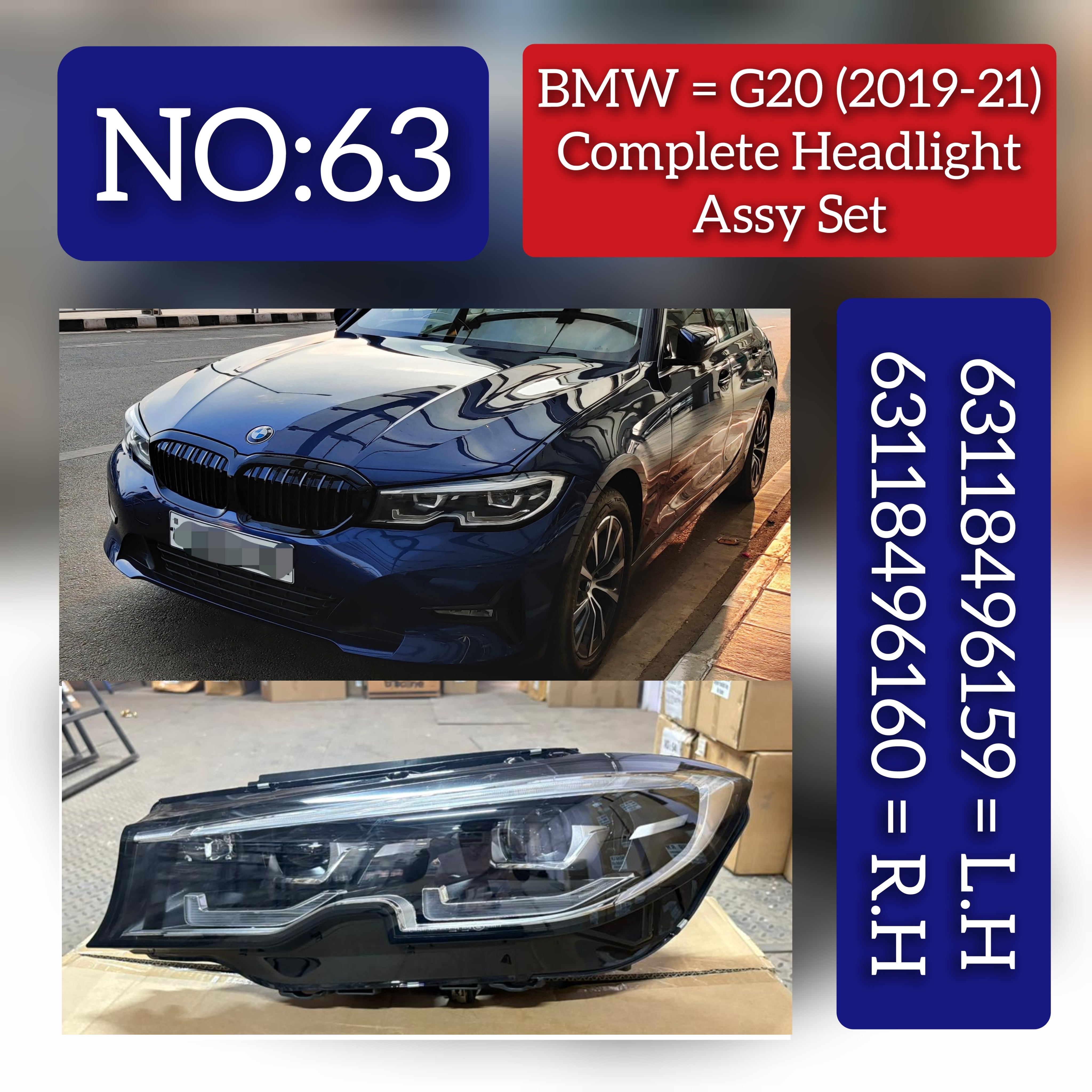 Complete Headlight Assy Left 63118496159 & Right 63118496160 (Without Blaster) Compatible With BMW 3 Series (G20 G28) (2019- 2021) Tag No.63