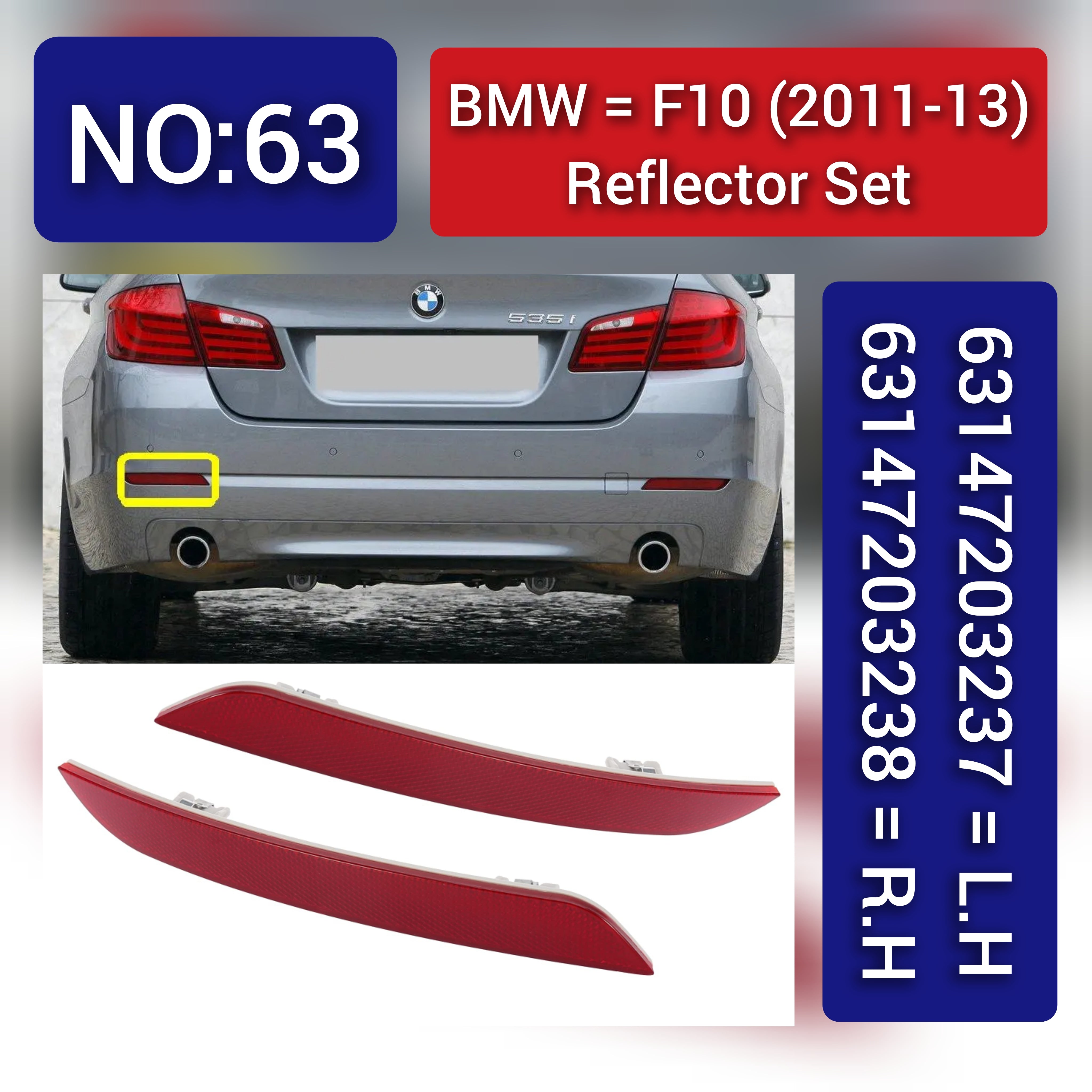 Rear Bumper Reflector Compatible With BMW 5 Series F10 2011-2013 Rear Bumper Reflector Left 63147203237 & Right 63147203238 Tag-RB-63