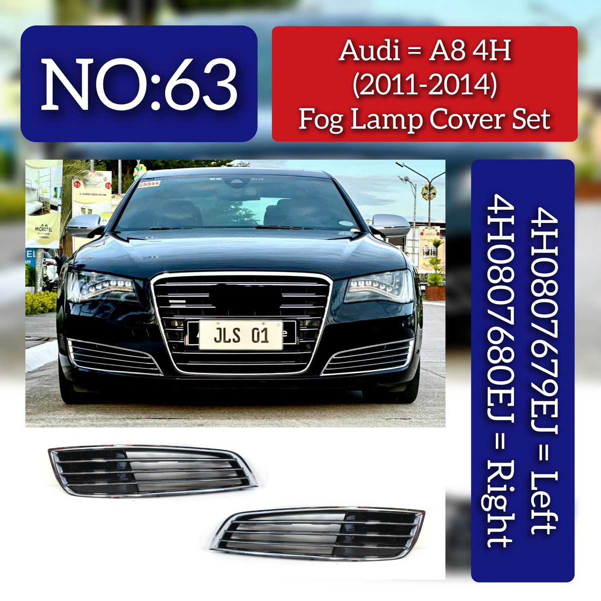 Fog Lamp Cover Left  4H0807679KT94 & Right 4H0807680KT94 Compatible With AUDI A8 (2011-2014) Tag No. 64