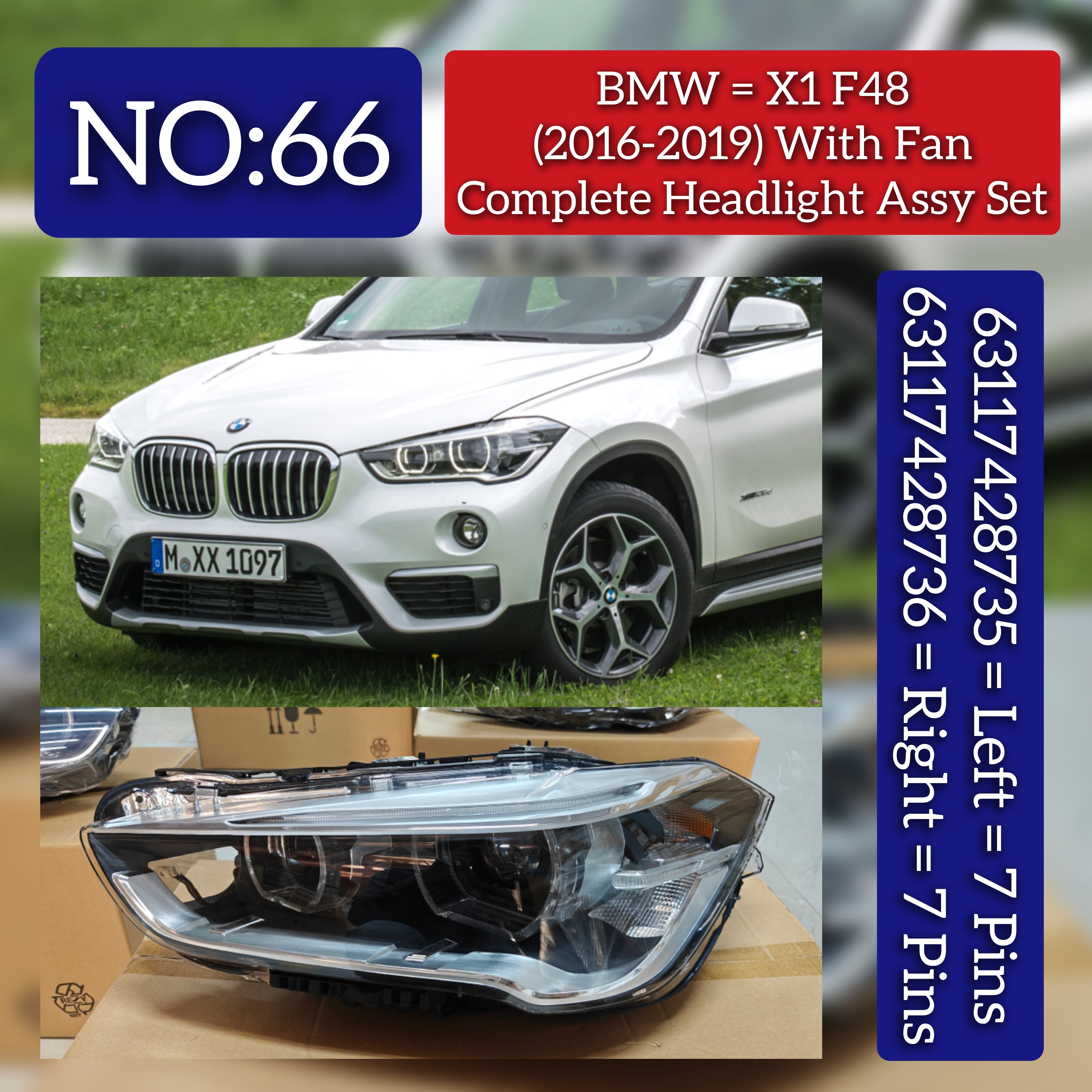 Headlight Headlamp Left 63117428735 & Right 63117428736 (Both Side 7 Pin) (Without Blaster) Compatible With BMW X1 F48  2016-2019 Projector Tag No.66