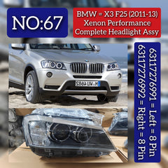 Complete Headlight Assembly (Xenon Performance) Left 63117276991 & Right 63117276992 (Without Blaster) Compatible With BMW  X3 F25 (2011-2013) Projector Tag No.67
