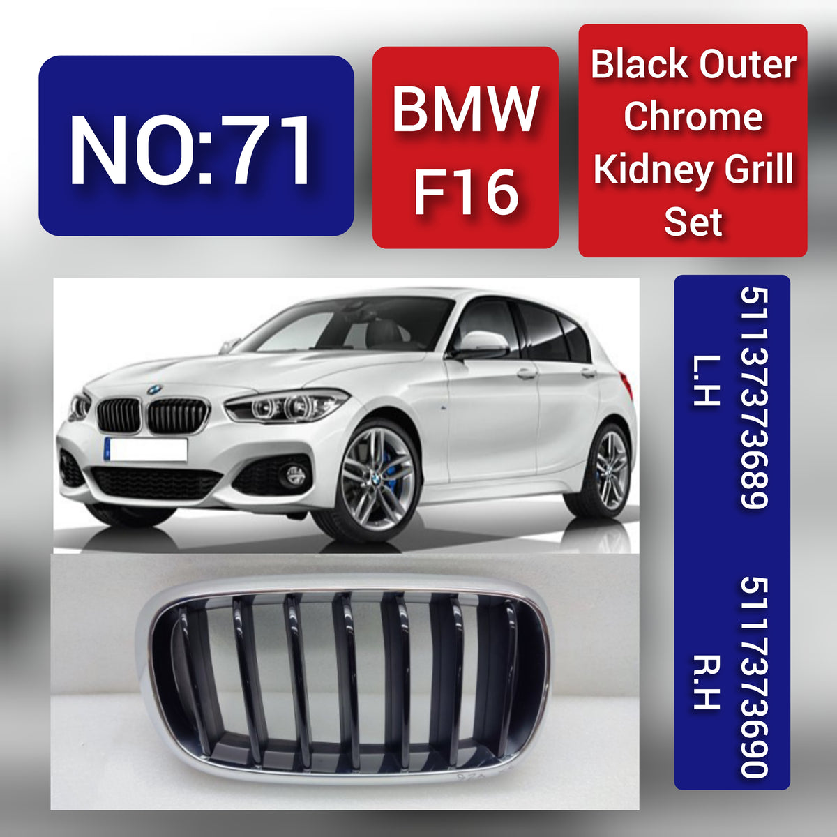 BMW F16 Black Outer Chrome Kidney Grill Set 51137373689 L.H, 5117373690 R.H Tag 71