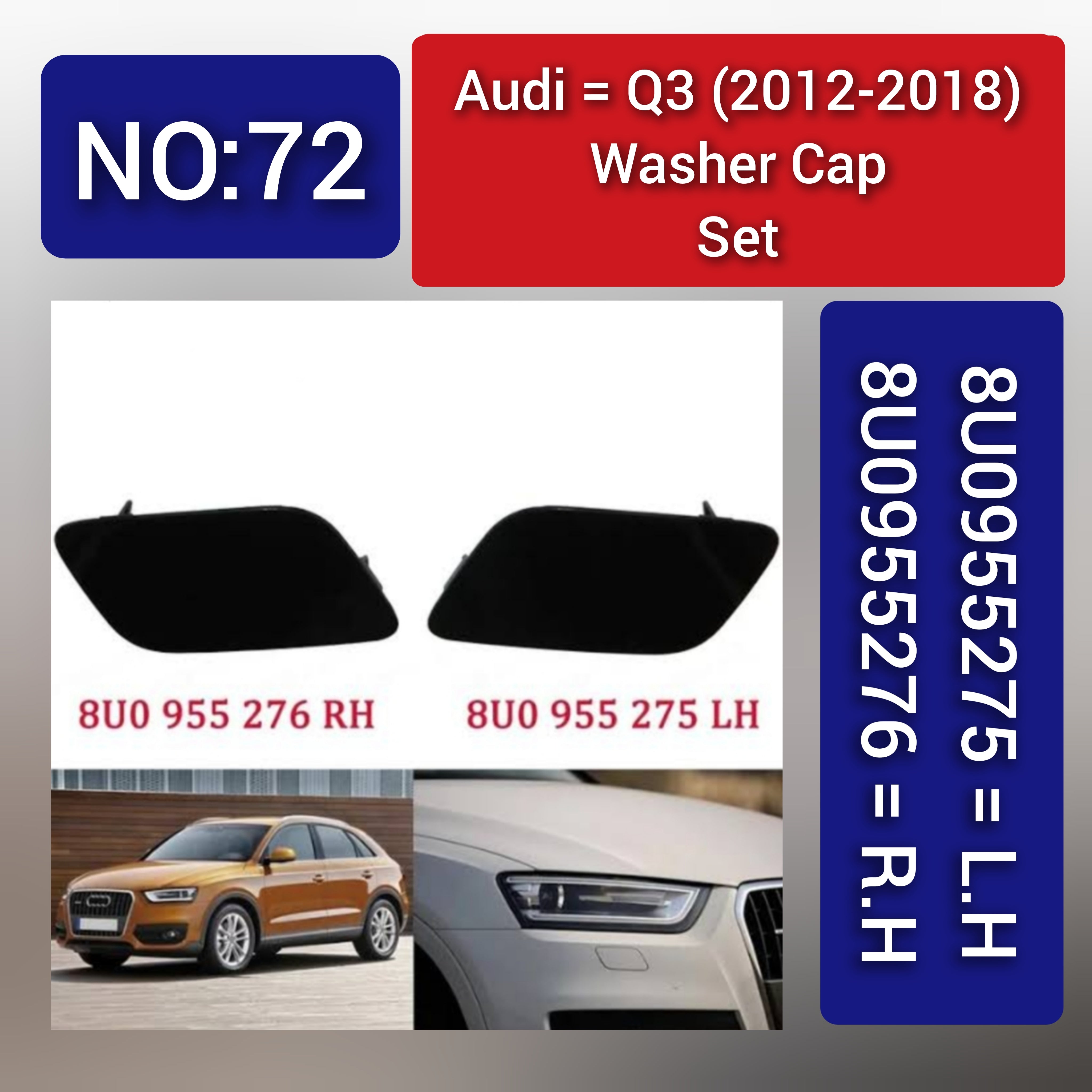 Audi Q3 (2012-2018) Washer Cap Set. 8U0955275 = L.H, 8U0955276 = R.H. Tag 72