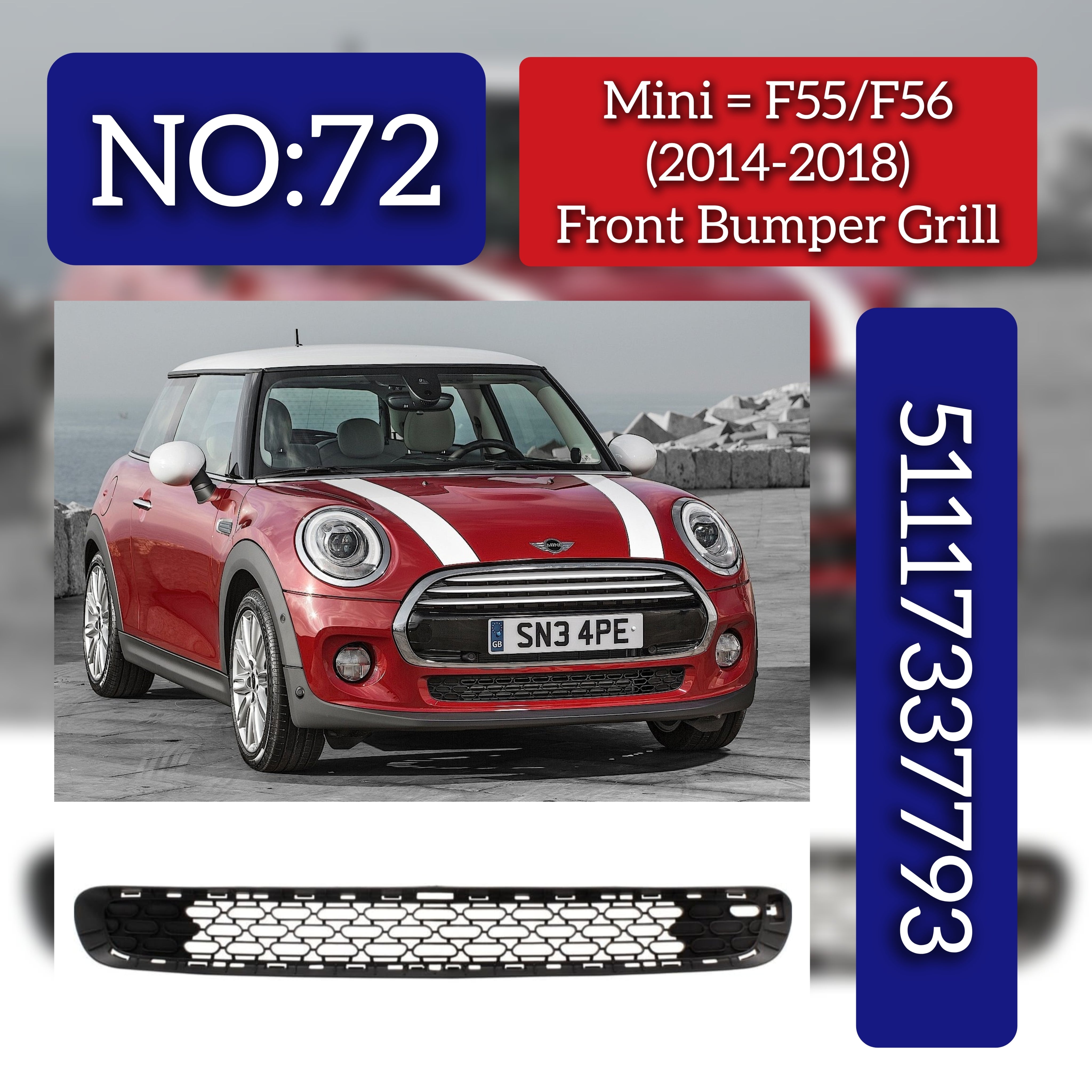 Front Bumper Grille 51117337793  51114824420 7301563Compatible With MINI (F56) | MINI / COOPER (2014-2018) Tag No.72